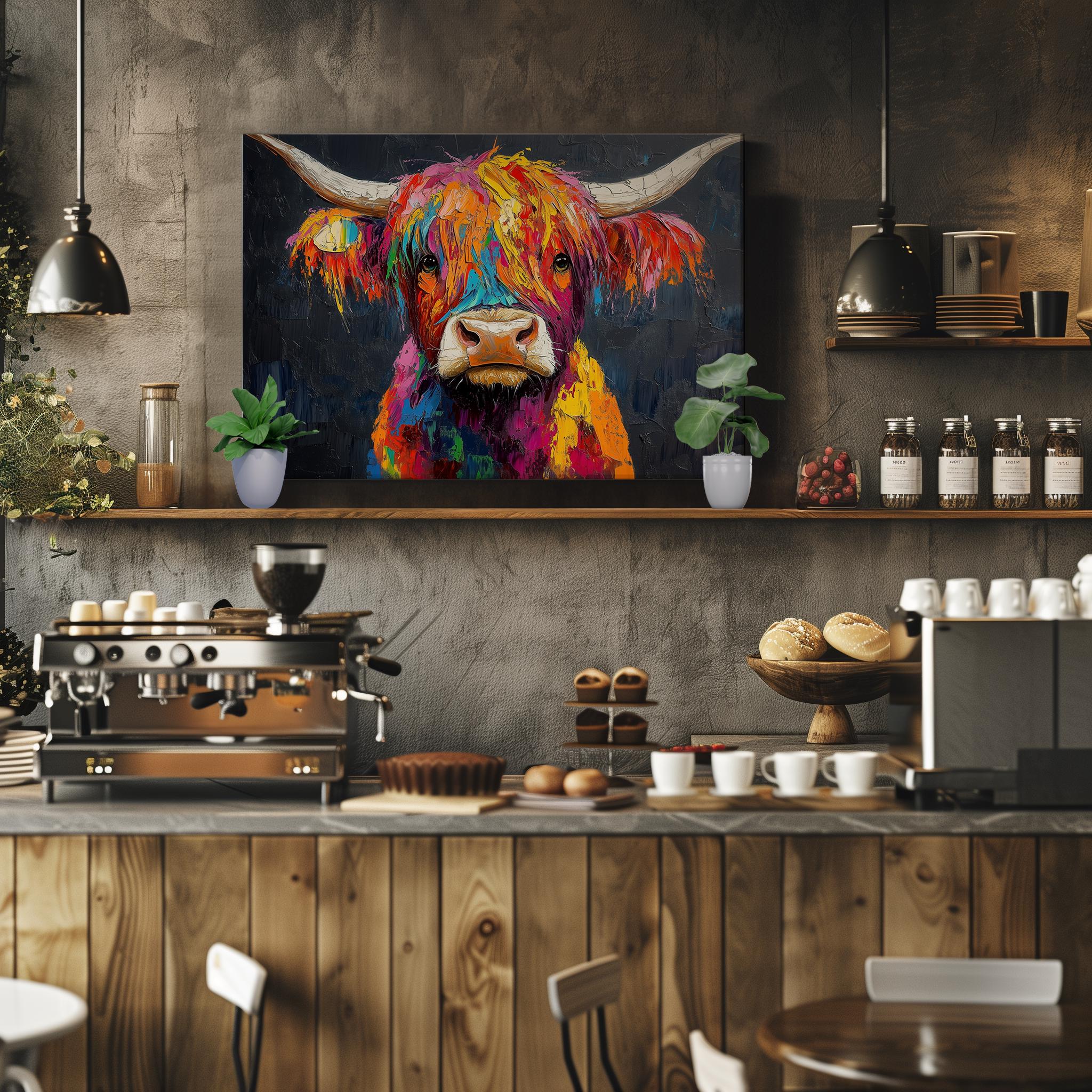 Highland Cow Canvas / Poster Print. Paint Splash Oil Painting Wall Decor Gifts Colourful Scottish Shaggy Cow Painting Farm Animal Farmer - CanvasityCrafts - Free Shipping