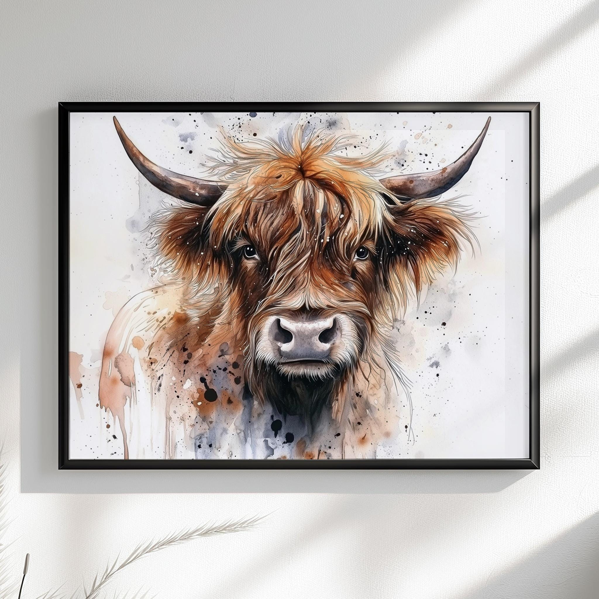 Highland Cow Canvas Or Poster. Watercolour Paint Splash Art, framed canvas painting picture print wall hanging animal decor - CanvasityCrafts - Free Shipping
