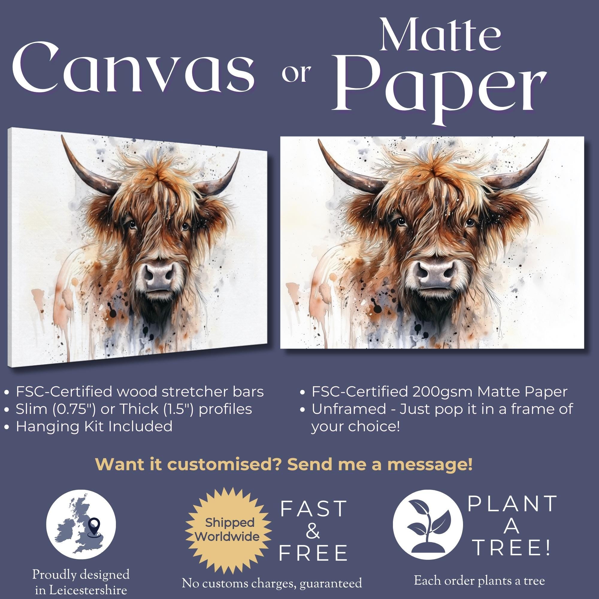 Highland Cow Canvas Or Poster. Watercolour Paint Splash Art, framed canvas painting picture print wall hanging animal decor - CanvasityCrafts - Free Shipping
