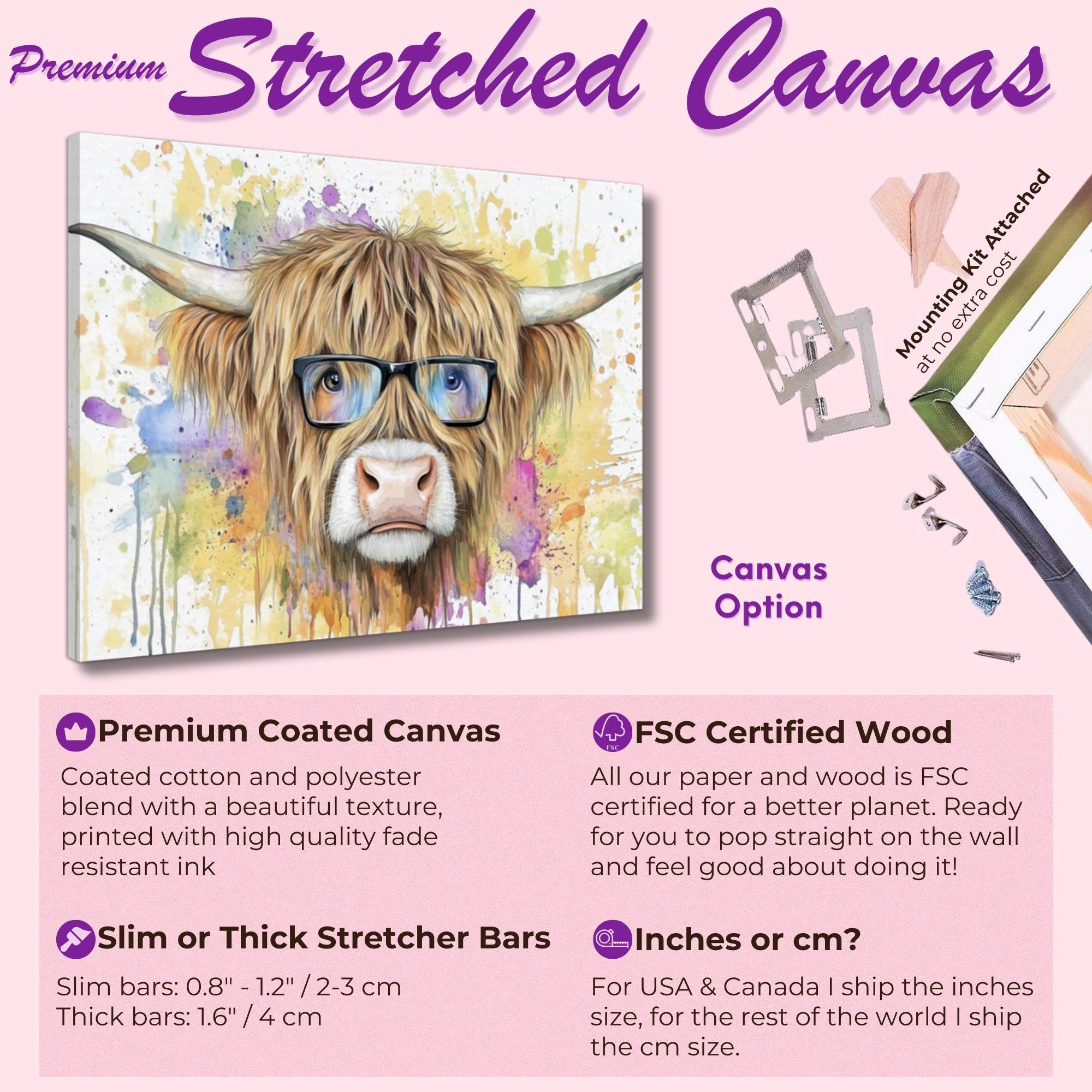 Highland Cow with Glasses Canvas / Poster Print. Watercolour Paint Splash Wall Decor Gifts Scottish Shaggy Cow Painting Farm Animal Farmer - CanvasityCrafts - Free Shipping