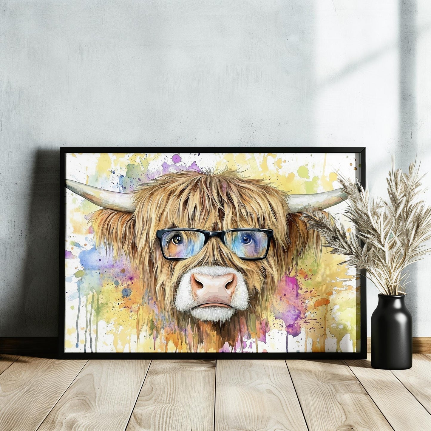 Highland Cow with Glasses Canvas / Poster Print. Watercolour Paint Splash Wall Decor Gifts Scottish Shaggy Cow Painting Farm Animal Farmer - CanvasityCrafts - Free Shipping
