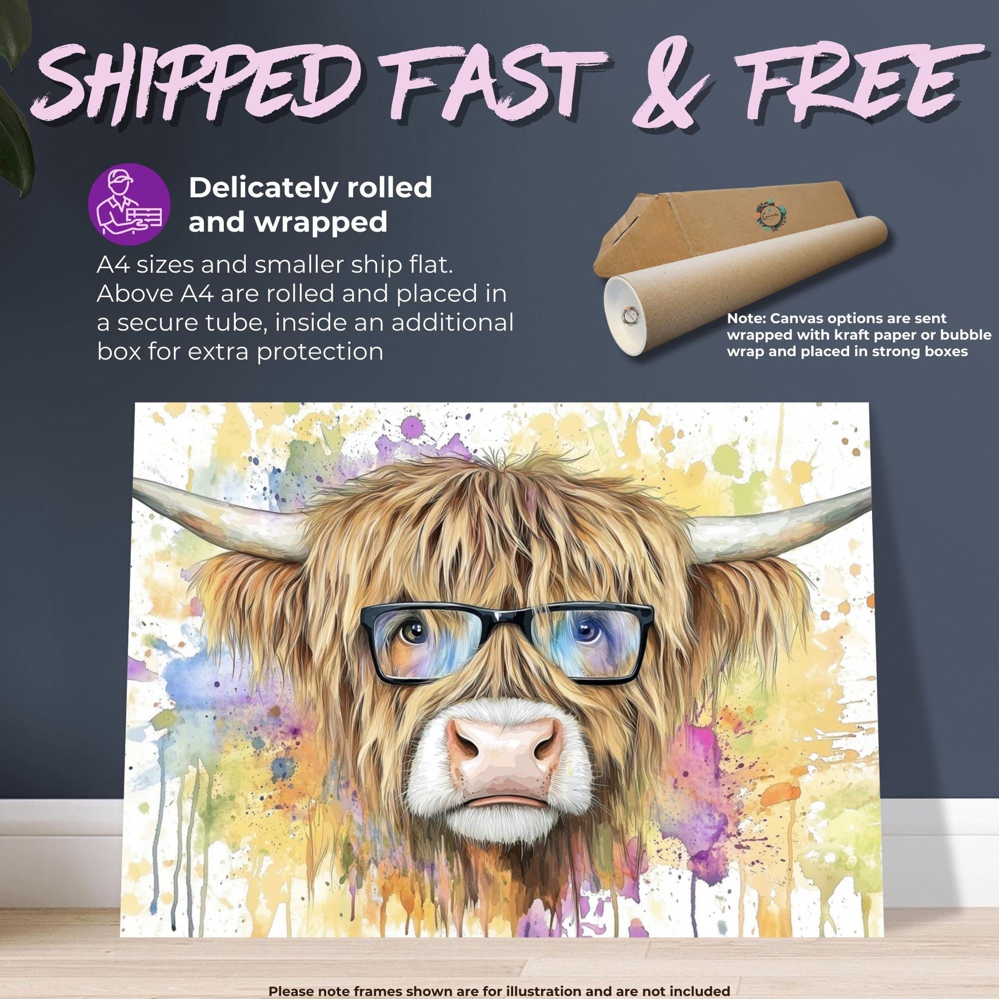 Highland Cow with Glasses Canvas / Poster Print. Watercolour Paint Splash Wall Decor Gifts Scottish Shaggy Cow Painting Farm Animal Farmer - CanvasityCrafts - Free Shipping