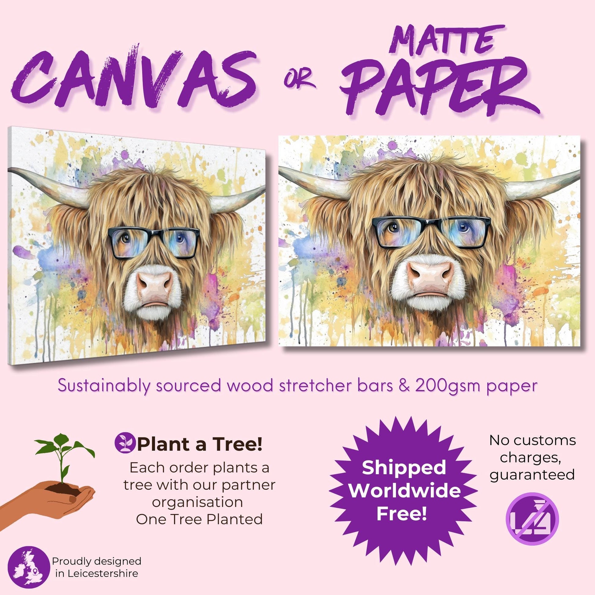 Highland Cow with Glasses Canvas / Poster Print. Watercolour Paint Splash Wall Decor Gifts Scottish Shaggy Cow Painting Farm Animal Farmer - CanvasityCrafts - Free Shipping