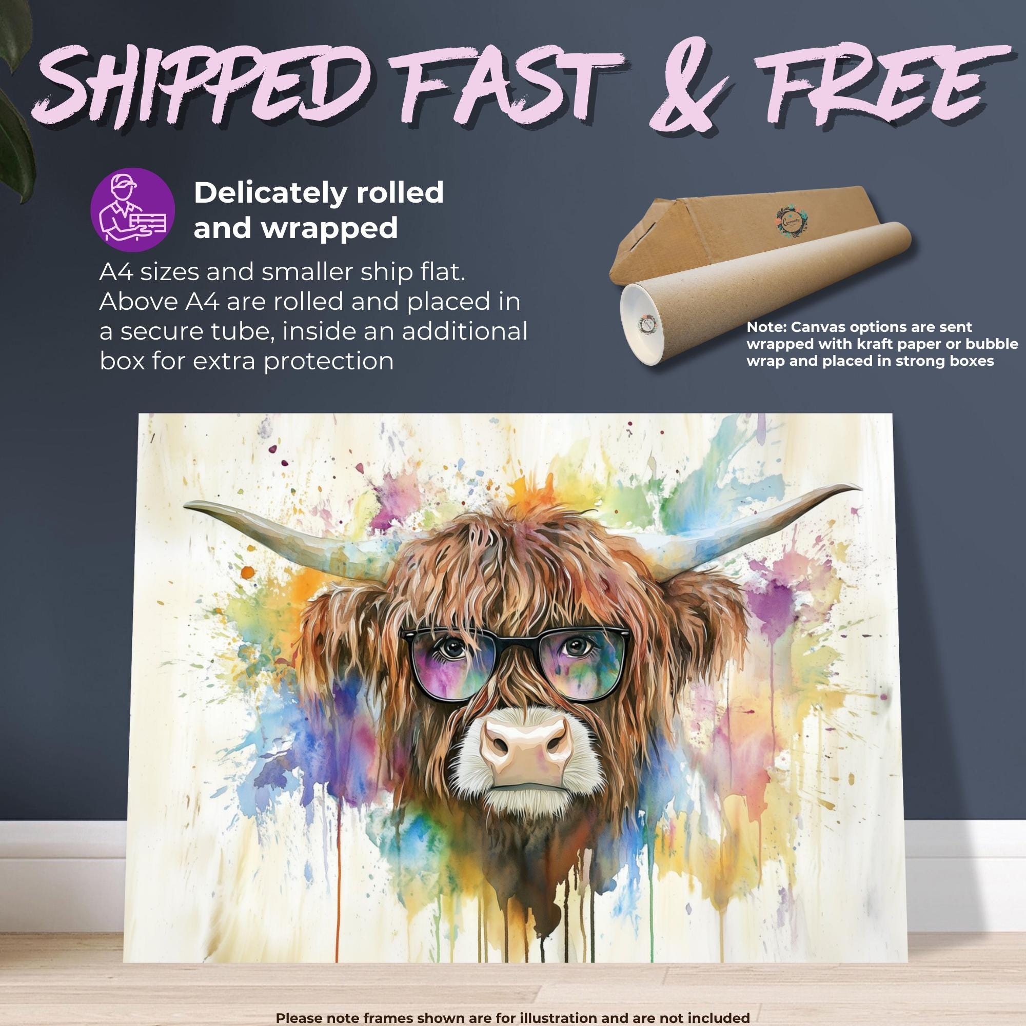 Highland Cow with Glasses Canvas / Poster Print. Watercolour Paint Splash Wall Decor Gifts Scottish Shaggy Cow Painting Farm Animal Farmer - CanvasityCrafts - Free Shipping