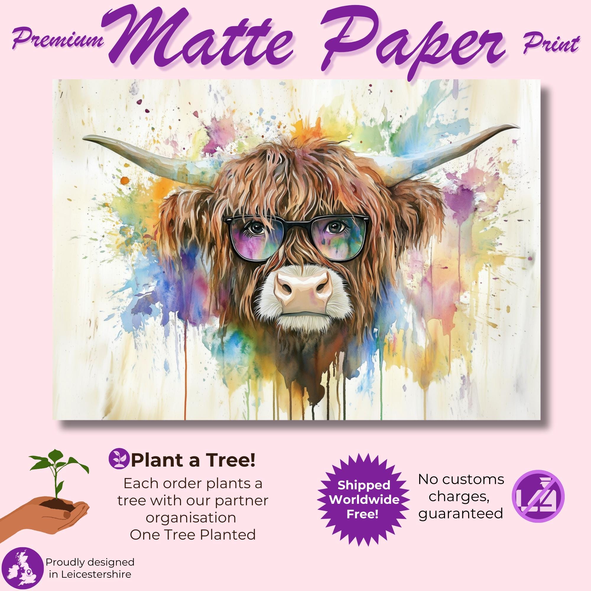 Highland Cow with Glasses Canvas / Poster Print. Watercolour Paint Splash Wall Decor Gifts Scottish Shaggy Cow Painting Farm Animal Farmer - CanvasityCrafts - Free Shipping