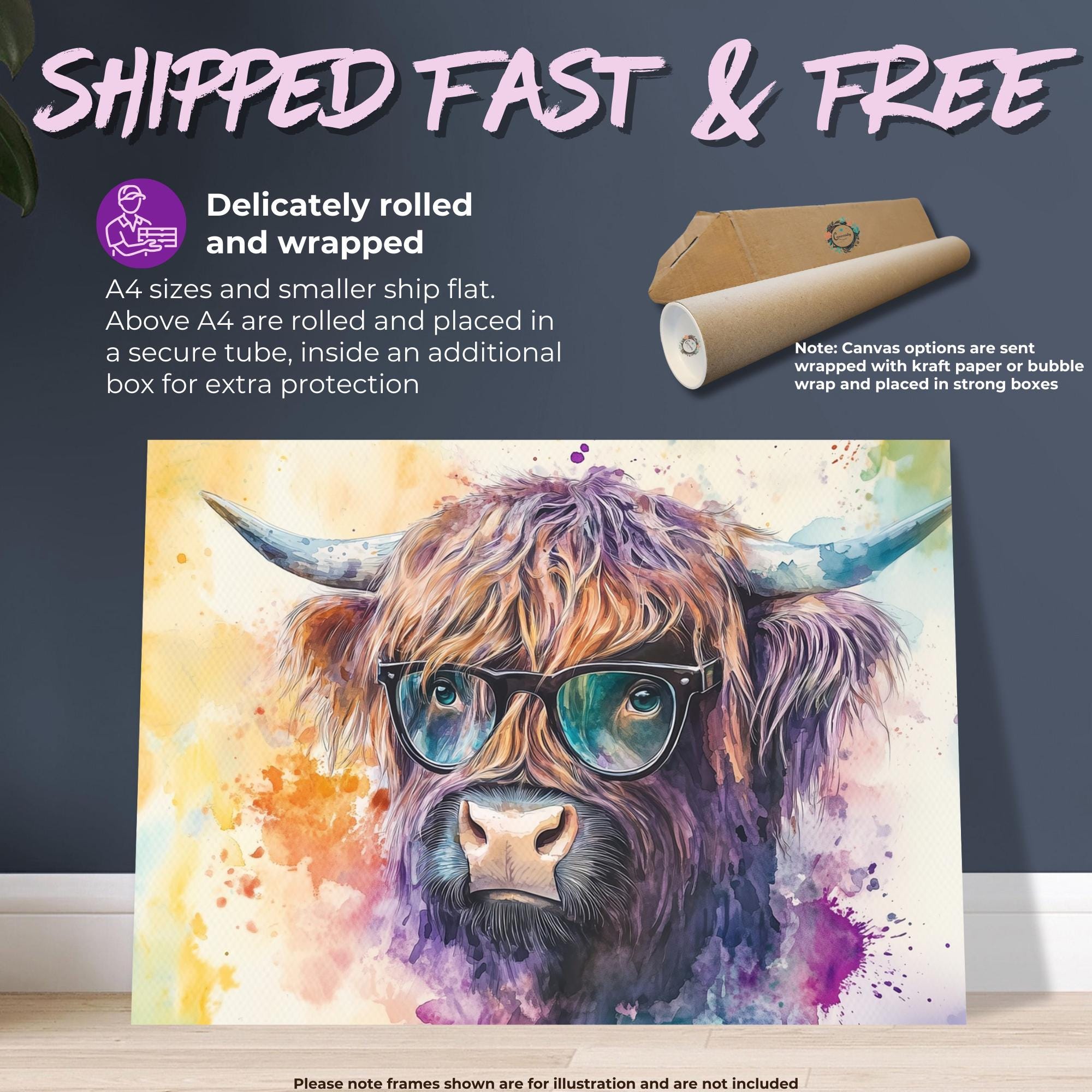 Highland Cow with Glasses Canvas / Poster Print. Watercolour Paint Splash Wall Decor Gifts Scottish Shaggy Cow Painting Farm Animal Farmer - CanvasityCrafts - Free Shipping
