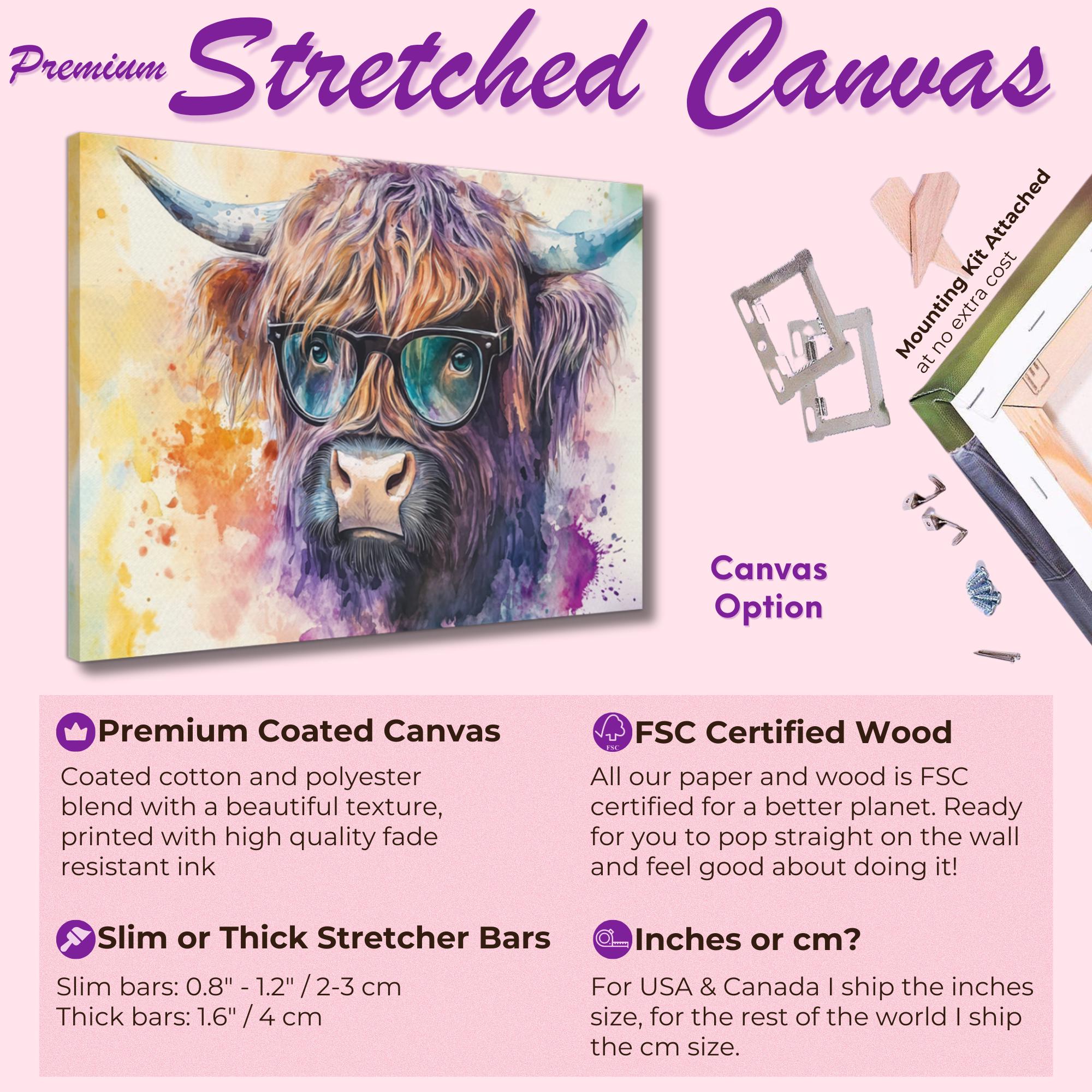 Highland Cow with Glasses Canvas / Poster Print. Watercolour Paint Splash Wall Decor Gifts Scottish Shaggy Cow Painting Farm Animal Farmer - CanvasityCrafts - Free Shipping