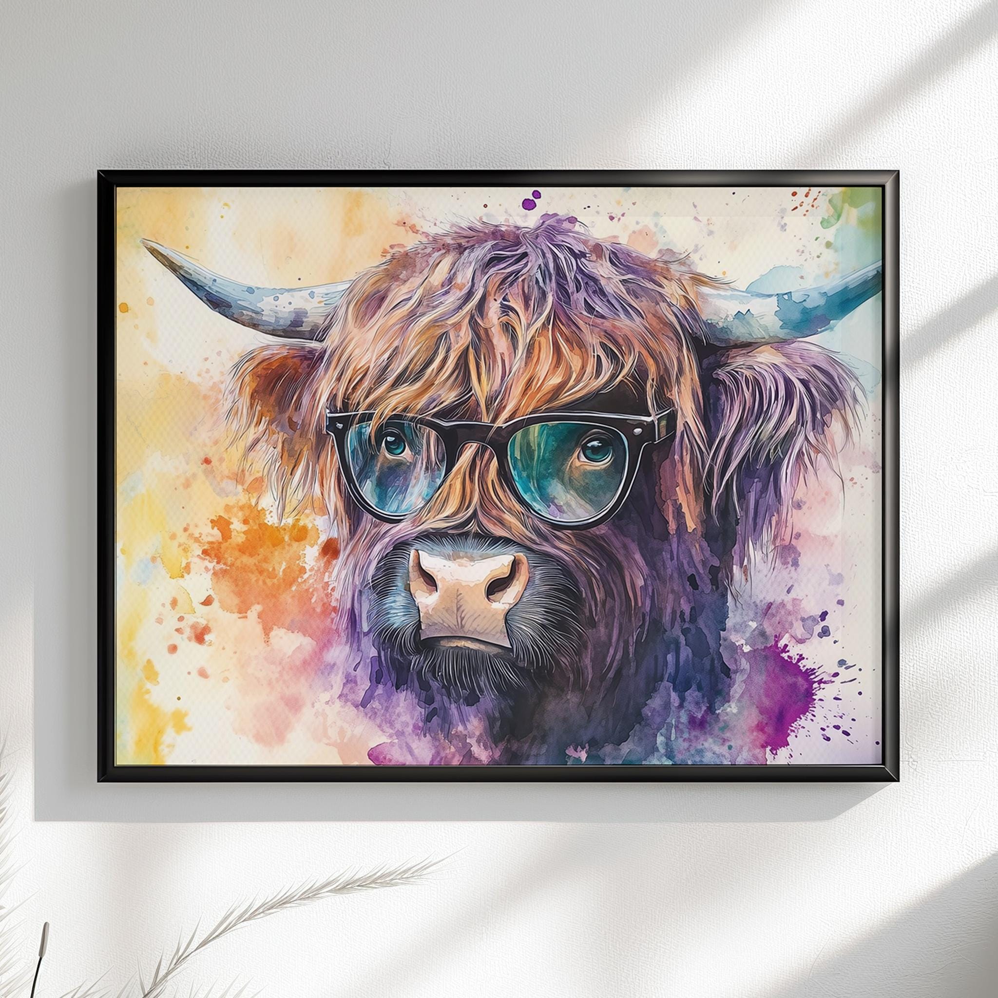 Highland Cow with Glasses Canvas / Poster Print. Watercolour Paint Splash Wall Decor Gifts Scottish Shaggy Cow Painting Farm Animal Farmer - CanvasityCrafts - Free Shipping