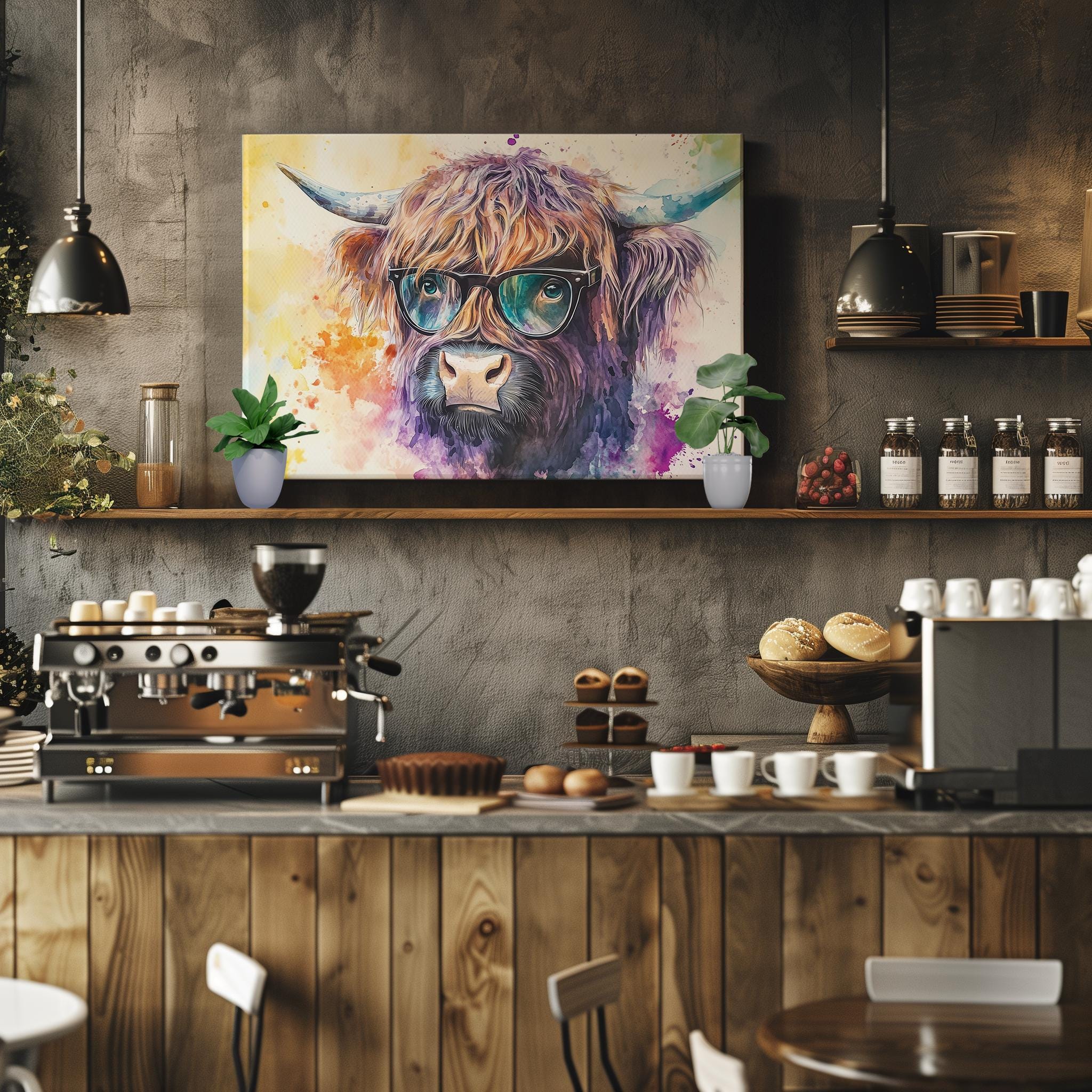 Highland Cow with Glasses Canvas / Poster Print. Watercolour Paint Splash Wall Decor Gifts Scottish Shaggy Cow Painting Farm Animal Farmer - CanvasityCrafts - Free Shipping