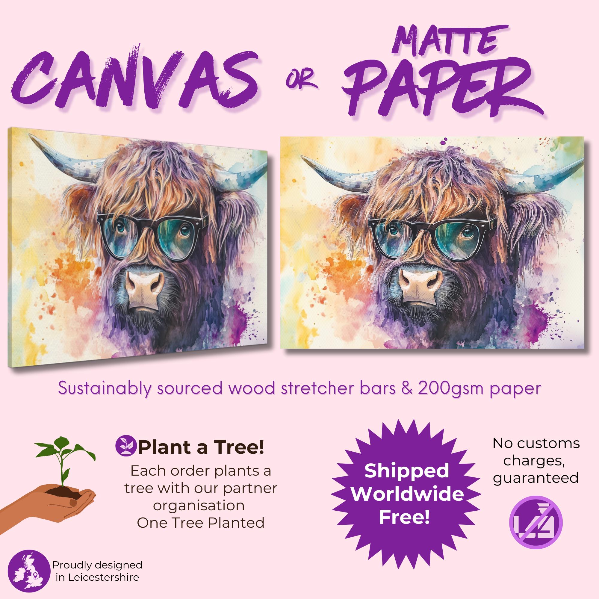 Highland Cow with Glasses Canvas / Poster Print. Watercolour Paint Splash Wall Decor Gifts Scottish Shaggy Cow Painting Farm Animal Farmer - CanvasityCrafts - Free Shipping