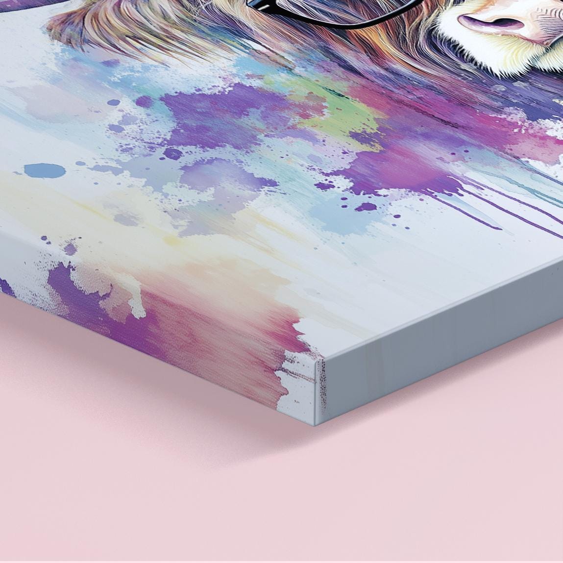 Highland Cow with Glasses Canvas / Poster Print. Watercolour Paint Splash Wall Decor Gifts Scottish Shaggy Cow Painting Farm Animal Farmer - CanvasityCrafts - Free Shipping