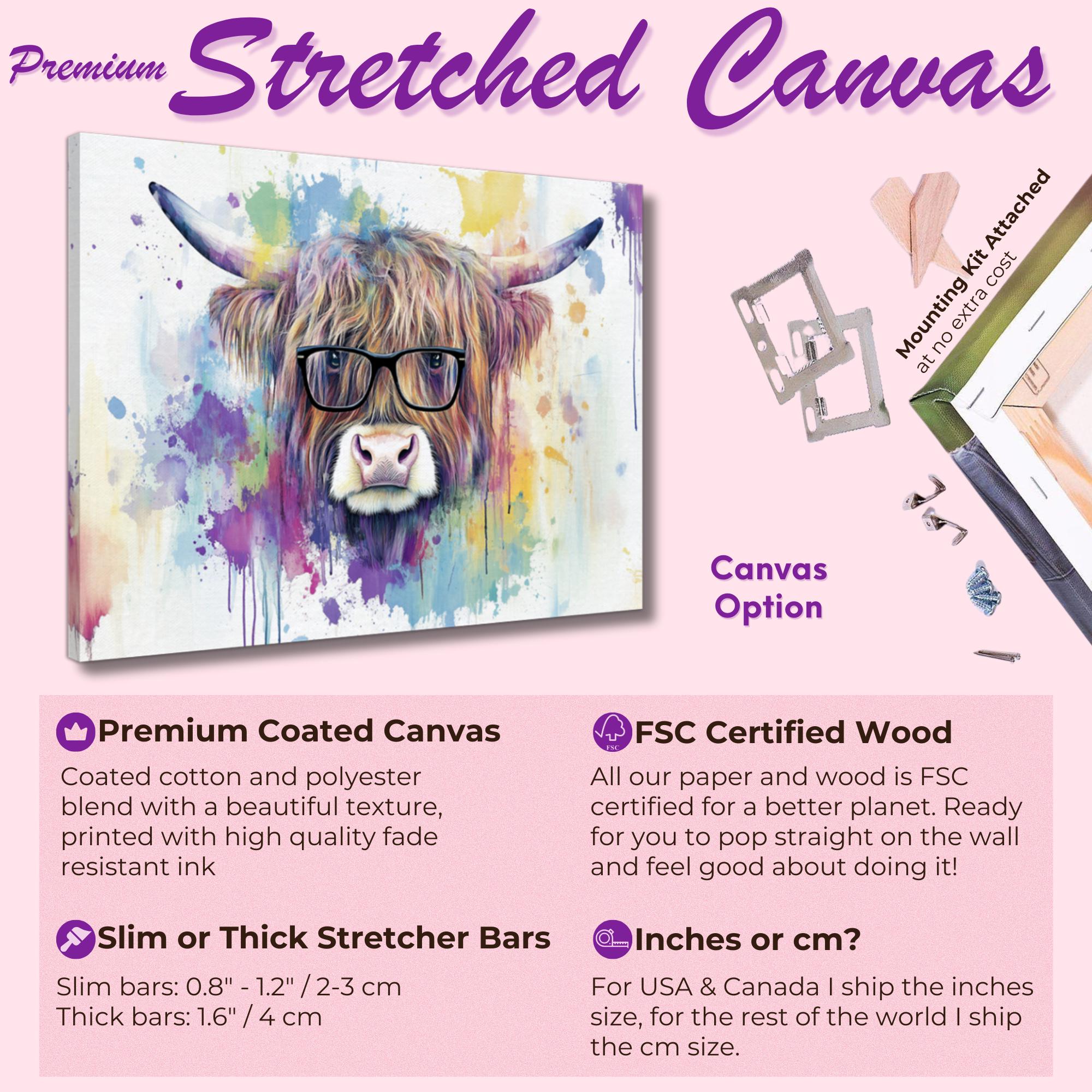 Highland Cow with Glasses Canvas / Poster Print. Watercolour Paint Splash Wall Decor Gifts Scottish Shaggy Cow Painting Farm Animal Farmer - CanvasityCrafts - Free Shipping