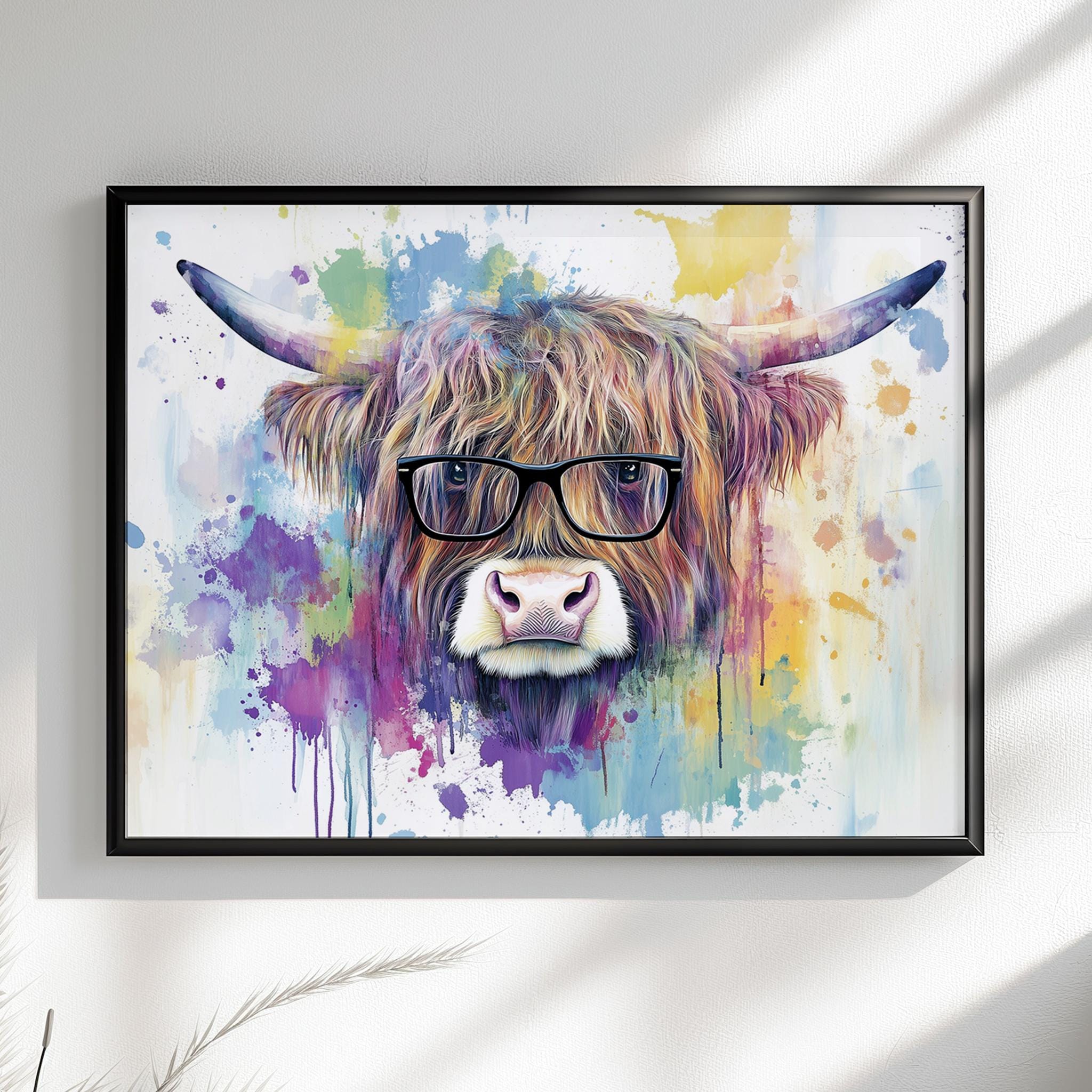 Highland Cow with Glasses Canvas / Poster Print. Watercolour Paint Splash Wall Decor Gifts Scottish Shaggy Cow Painting Farm Animal Farmer - CanvasityCrafts - Free Shipping