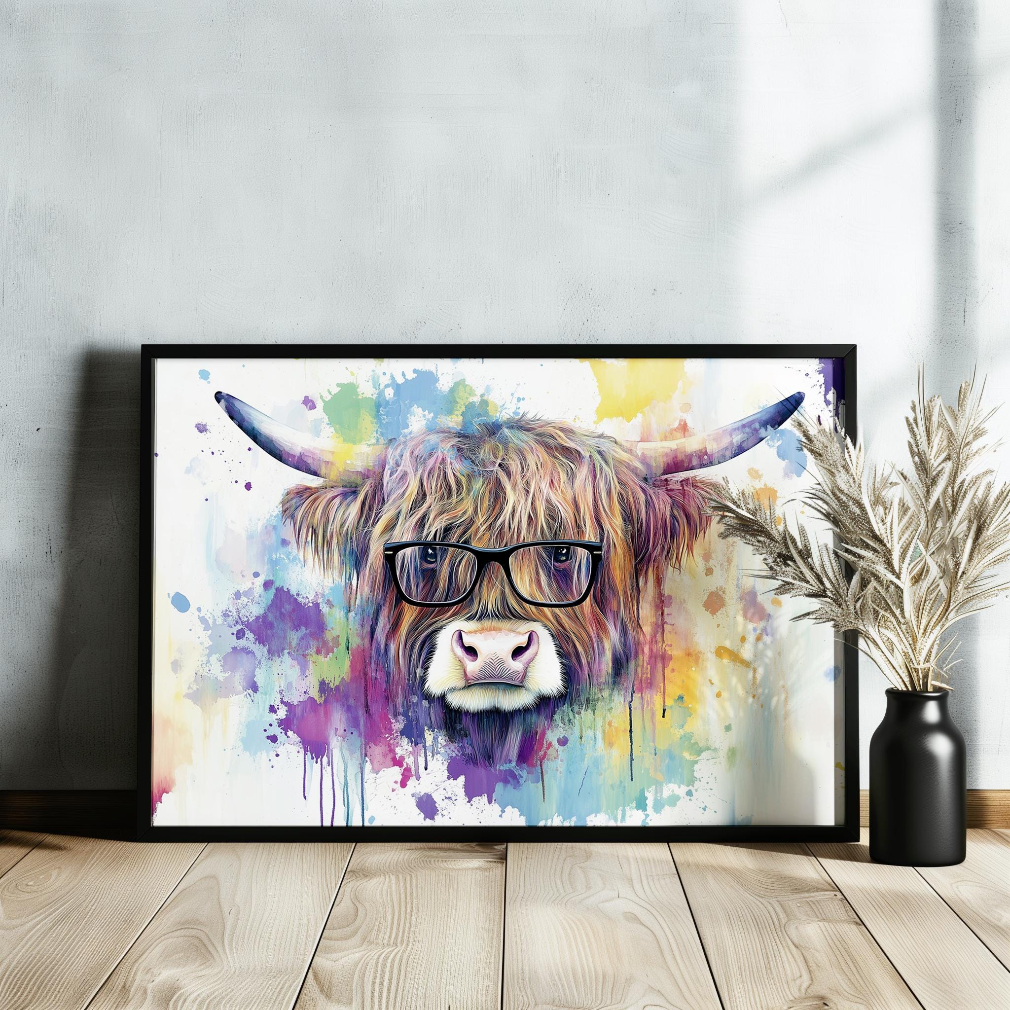 Highland Cow with Glasses Canvas / Poster Print. Watercolour Paint Splash Wall Decor Gifts Scottish Shaggy Cow Painting Farm Animal Farmer - CanvasityCrafts - Free Shipping