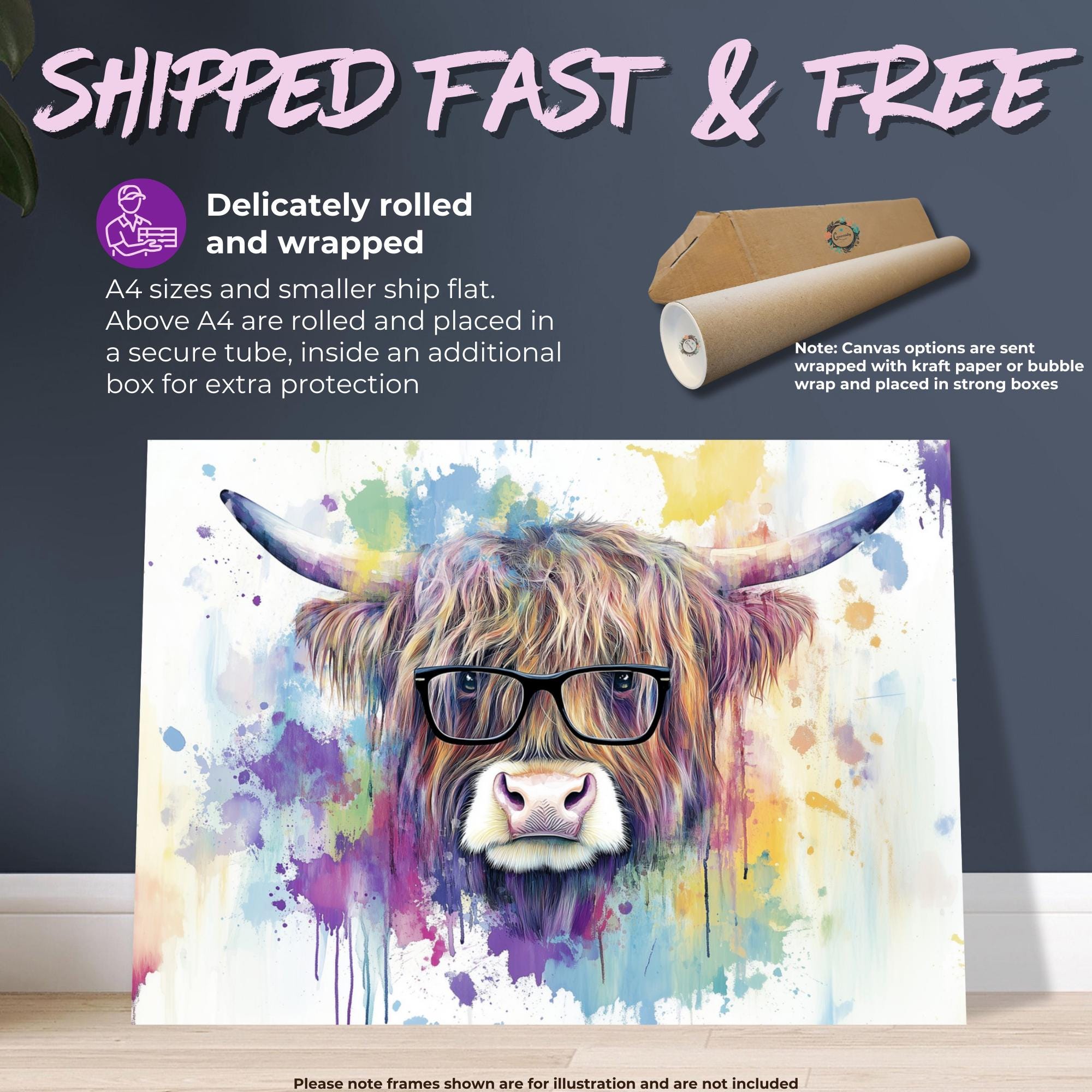 Highland Cow with Glasses Canvas / Poster Print. Watercolour Paint Splash Wall Decor Gifts Scottish Shaggy Cow Painting Farm Animal Farmer - CanvasityCrafts - Free Shipping