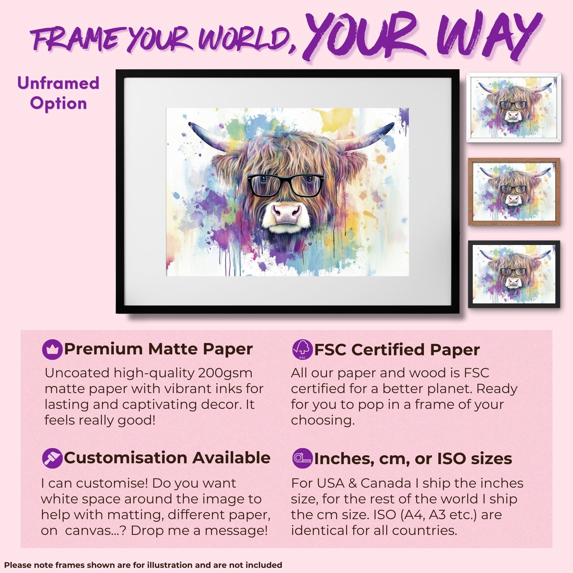 Highland Cow with Glasses Canvas / Poster Print. Watercolour Paint Splash Wall Decor Gifts Scottish Shaggy Cow Painting Farm Animal Farmer - CanvasityCrafts - Free Shipping