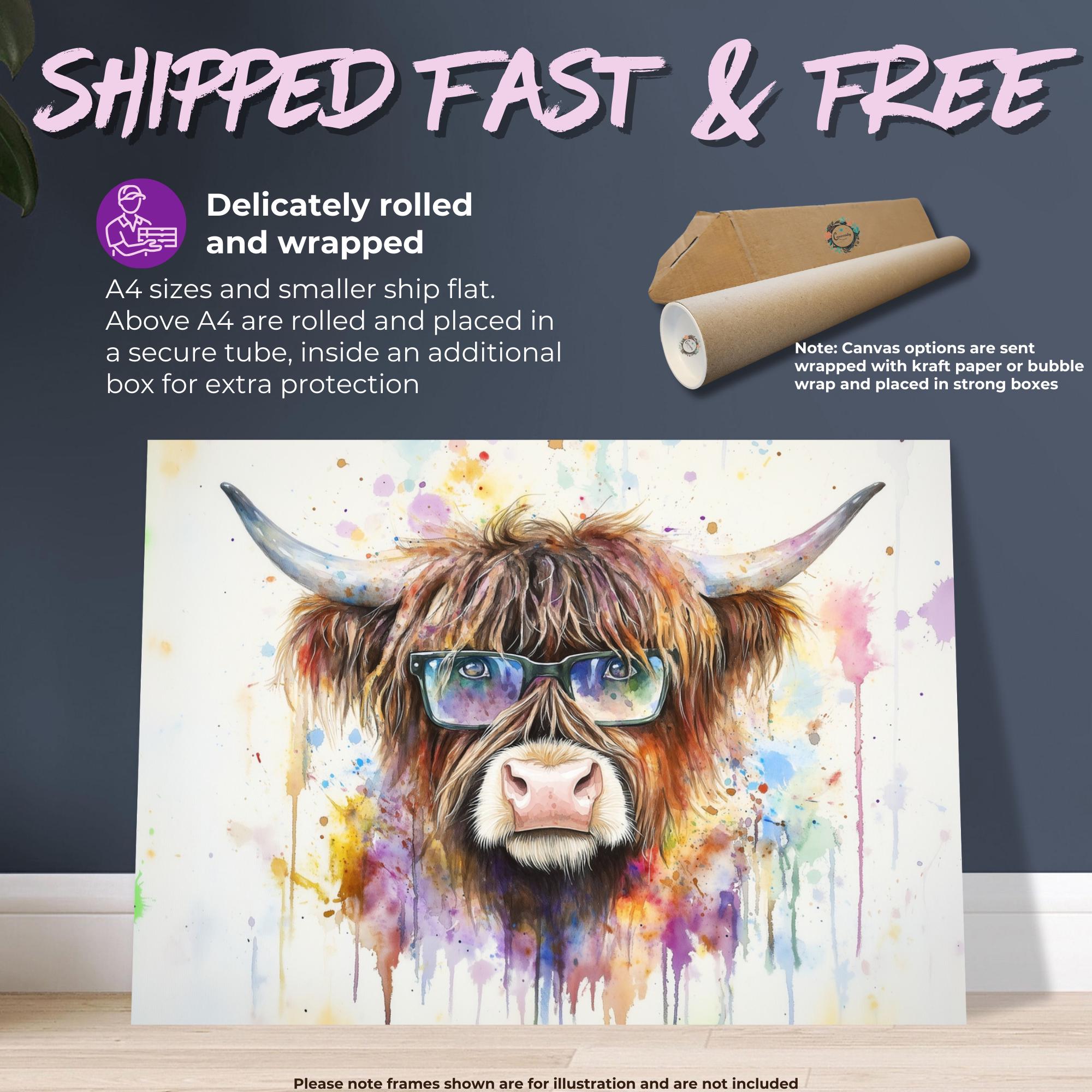Highland Cow with Glasses Canvas / Poster Print. Watercolour Paint Splash Wall Decor Gifts Scottish Shaggy Cow Painting Farm Animal Farmer - CanvasityCrafts - Free Shipping