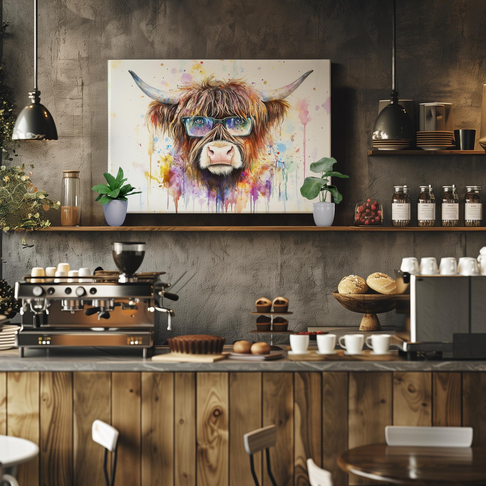 Highland Cow with Glasses Canvas / Poster Print. Watercolour Paint Splash Wall Decor Gifts Scottish Shaggy Cow Painting Farm Animal Farmer - CanvasityCrafts - Free Shipping