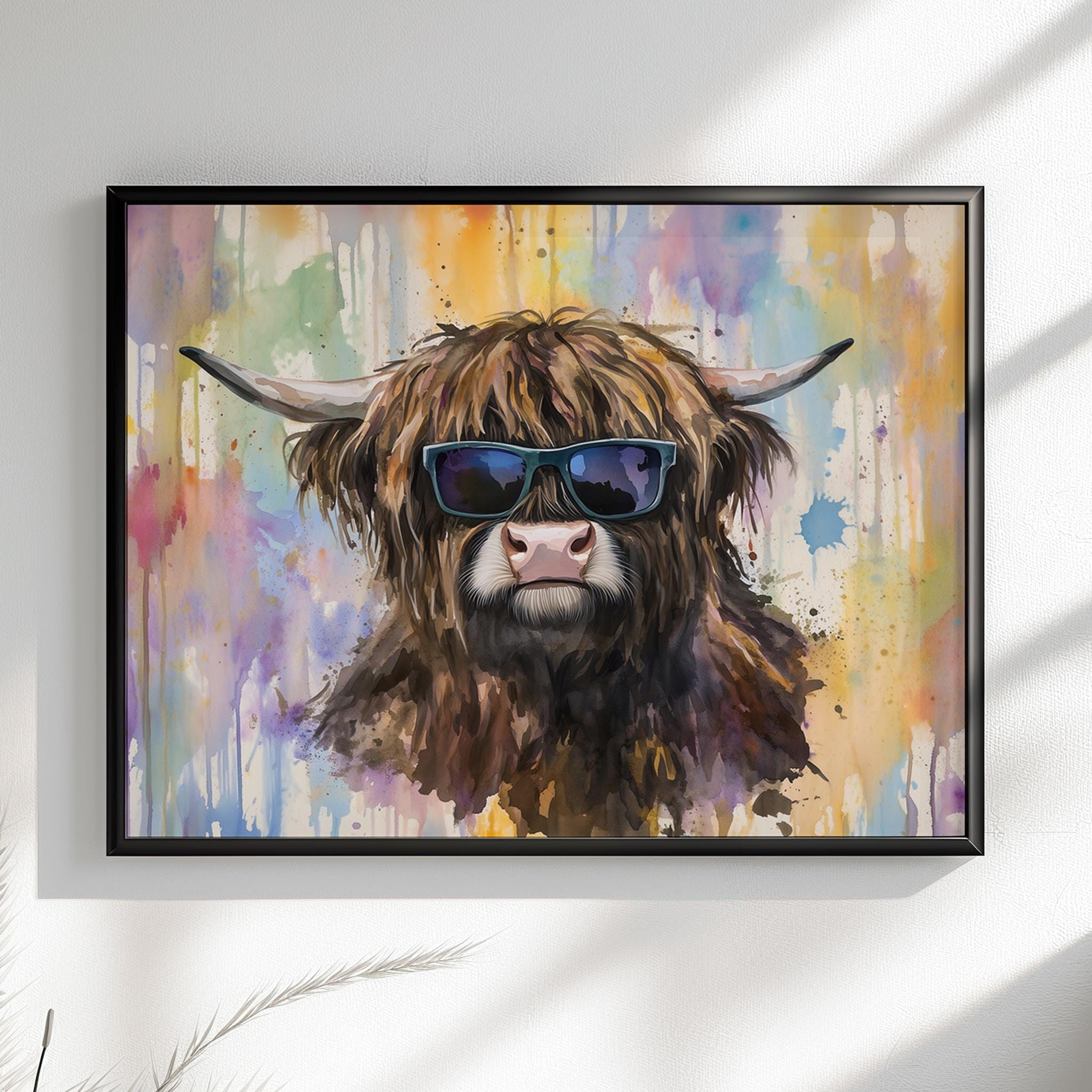 Highland Cow with Glasses Canvas / Poster Print. Watercolour Paint Splash Wall Decor Gifts Scottish Shaggy Cow Painting Farm Animal Farmer - CanvasityCrafts - Free Shipping