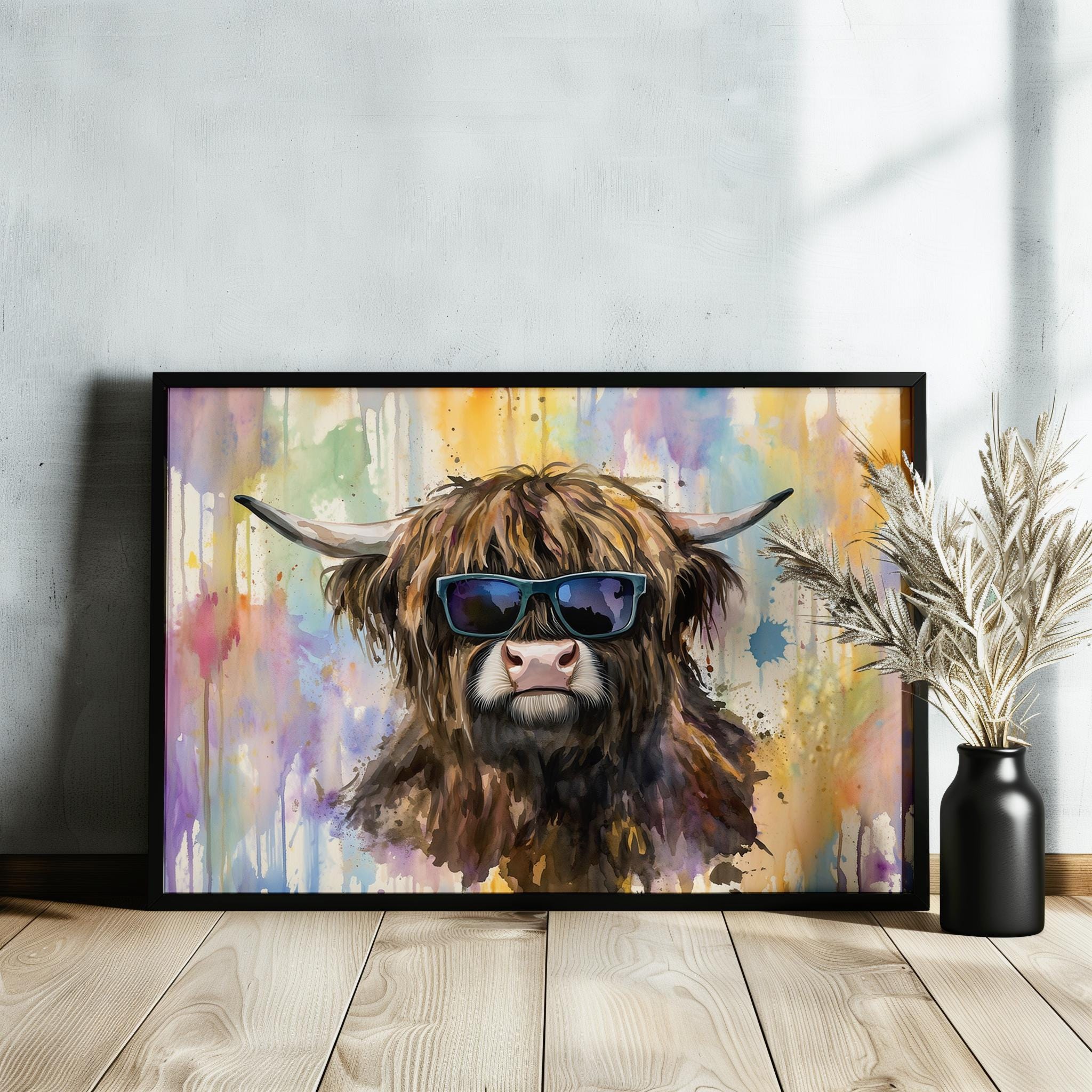 Highland Cow with Glasses Canvas / Poster Print. Watercolour Paint Splash Wall Decor Gifts Scottish Shaggy Cow Painting Farm Animal Farmer - CanvasityCrafts - Free Shipping