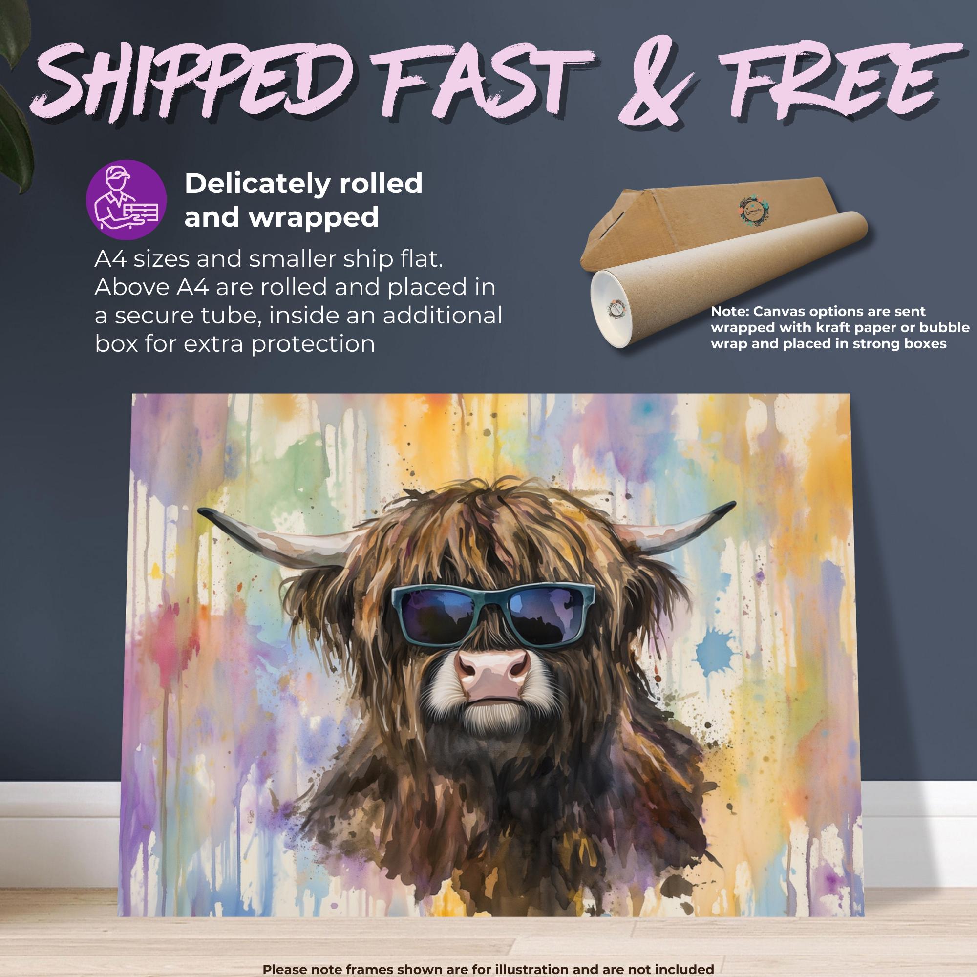Highland Cow with Glasses Canvas / Poster Print. Watercolour Paint Splash Wall Decor Gifts Scottish Shaggy Cow Painting Farm Animal Farmer - CanvasityCrafts - Free Shipping