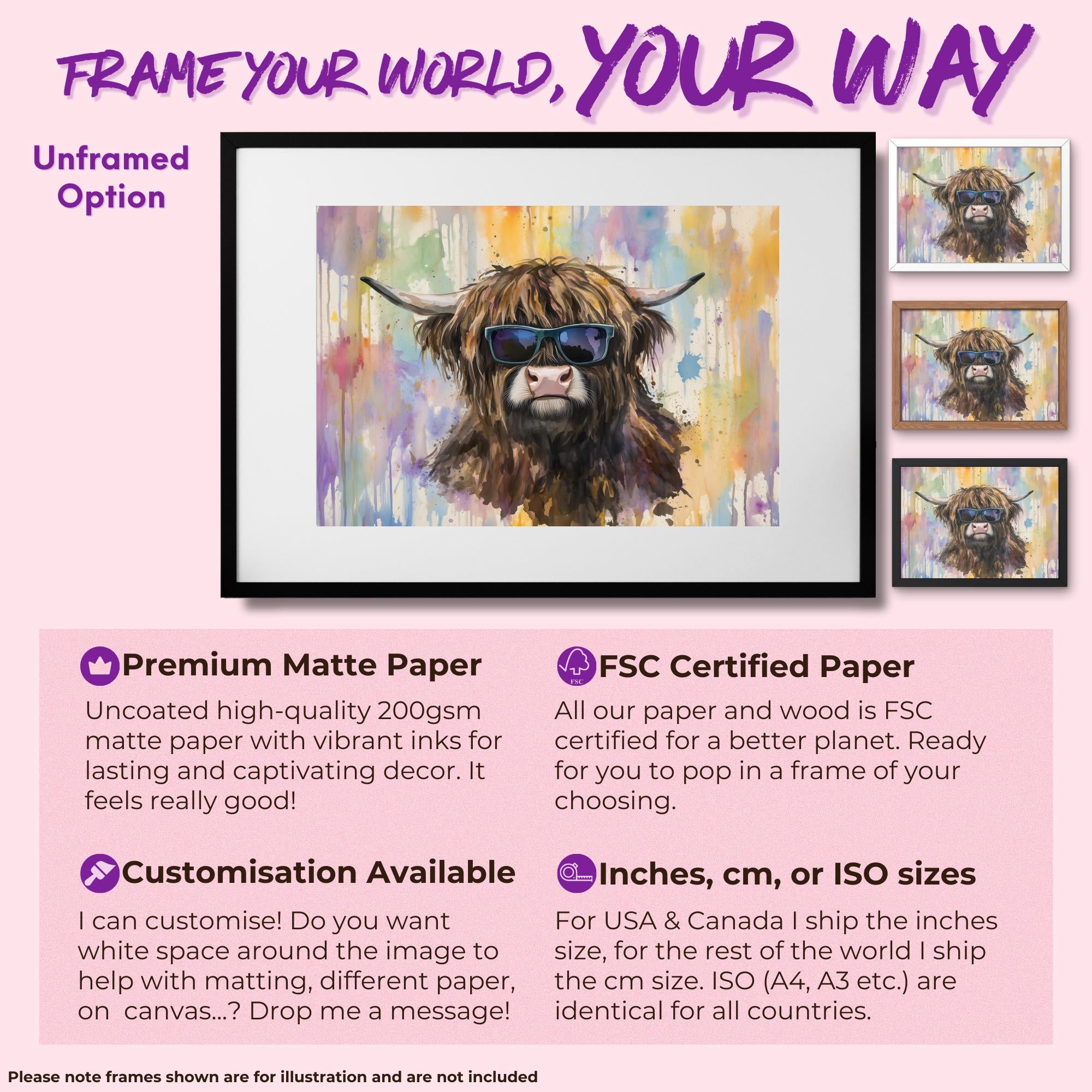 Highland Cow with Glasses Canvas / Poster Print. Watercolour Paint Splash Wall Decor Gifts Scottish Shaggy Cow Painting Farm Animal Farmer - CanvasityCrafts - Free Shipping