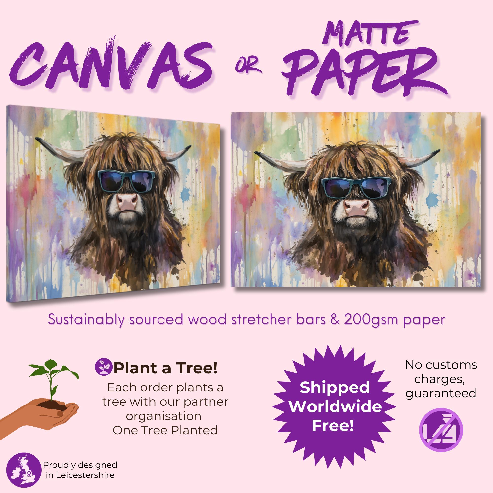 Highland Cow with Glasses Canvas / Poster Print. Watercolour Paint Splash Wall Decor Gifts Scottish Shaggy Cow Painting Farm Animal Farmer - CanvasityCrafts - Free Shipping