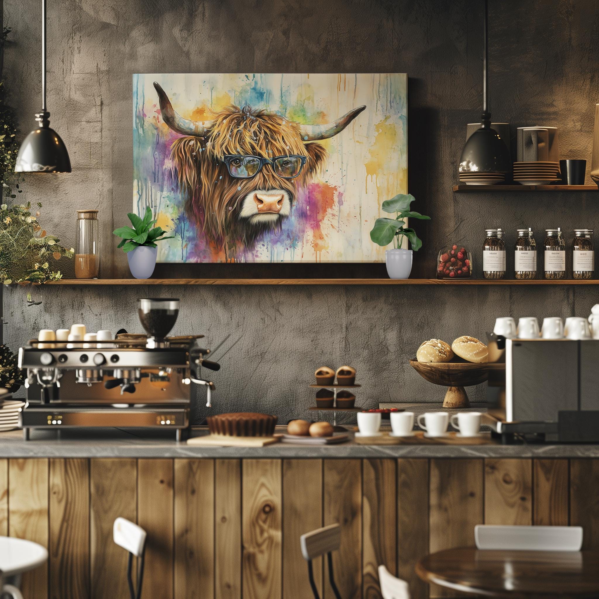Highland Cow with Glasses Canvas / Poster Print. Watercolour Paint Splash Wall Decor Gifts Scottish Shaggy Cow Painting Farm Animal Farmer - CanvasityCrafts - Free Shipping