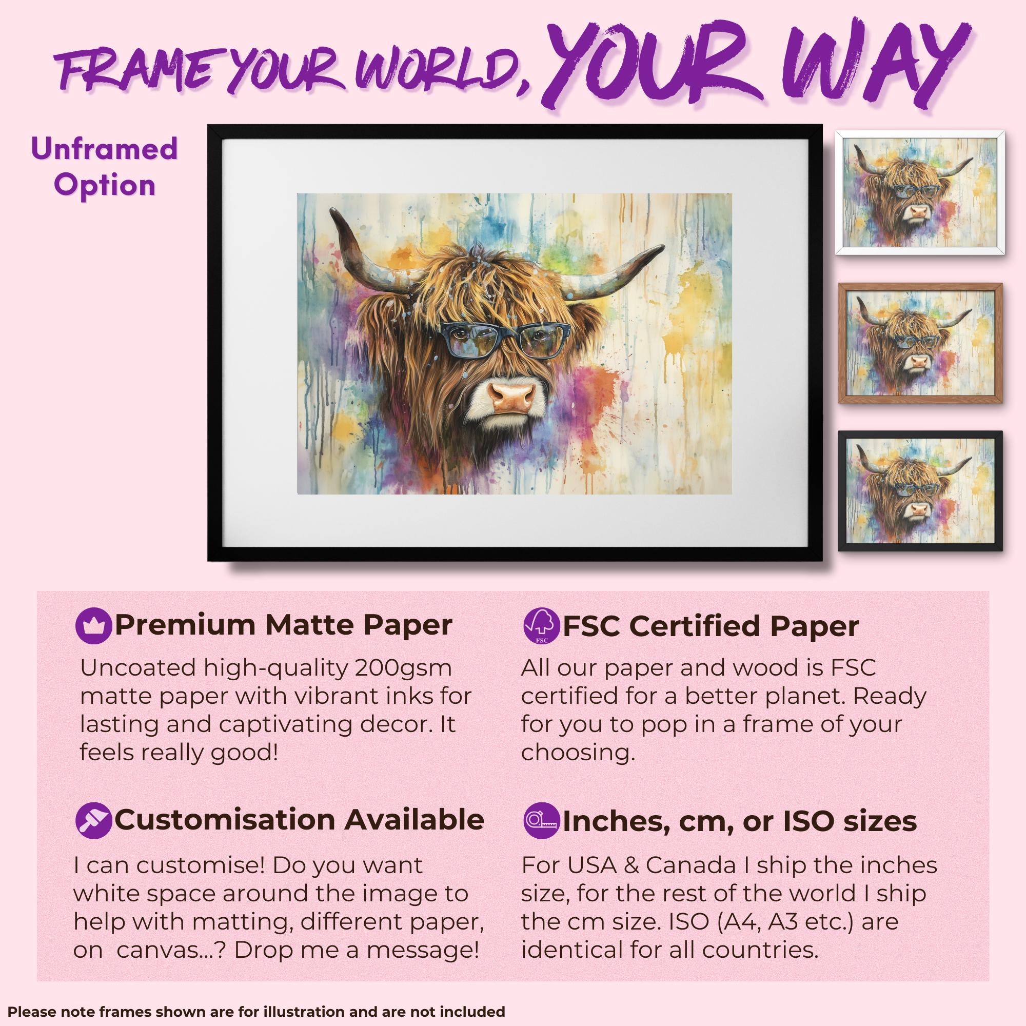 Highland Cow with Glasses Canvas / Poster Print. Watercolour Paint Splash Wall Decor Gifts Scottish Shaggy Cow Painting Farm Animal Farmer - CanvasityCrafts - Free Shipping
