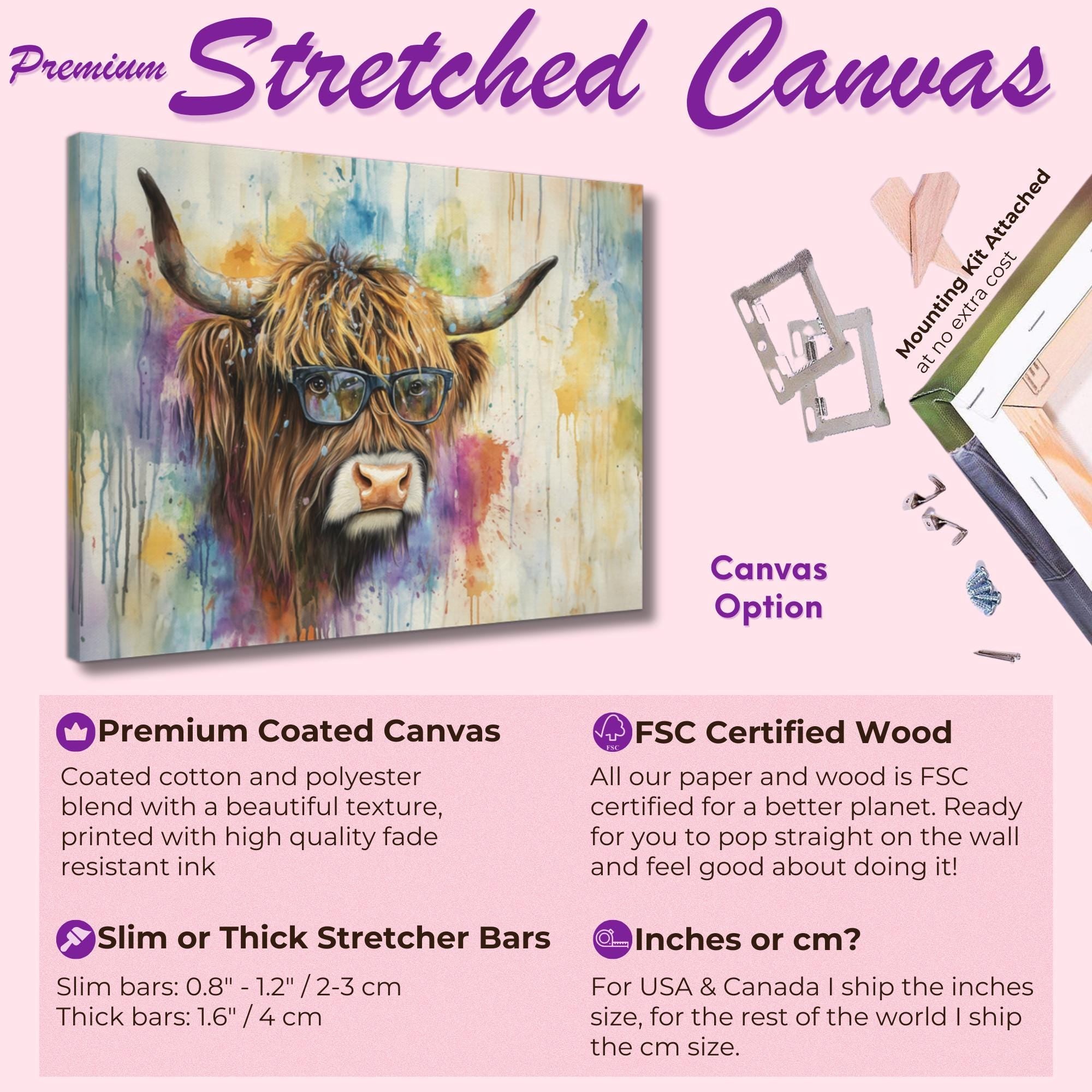 Highland Cow with Glasses Canvas / Poster Print. Watercolour Paint Splash Wall Decor Gifts Scottish Shaggy Cow Painting Farm Animal Farmer - CanvasityCrafts - Free Shipping
