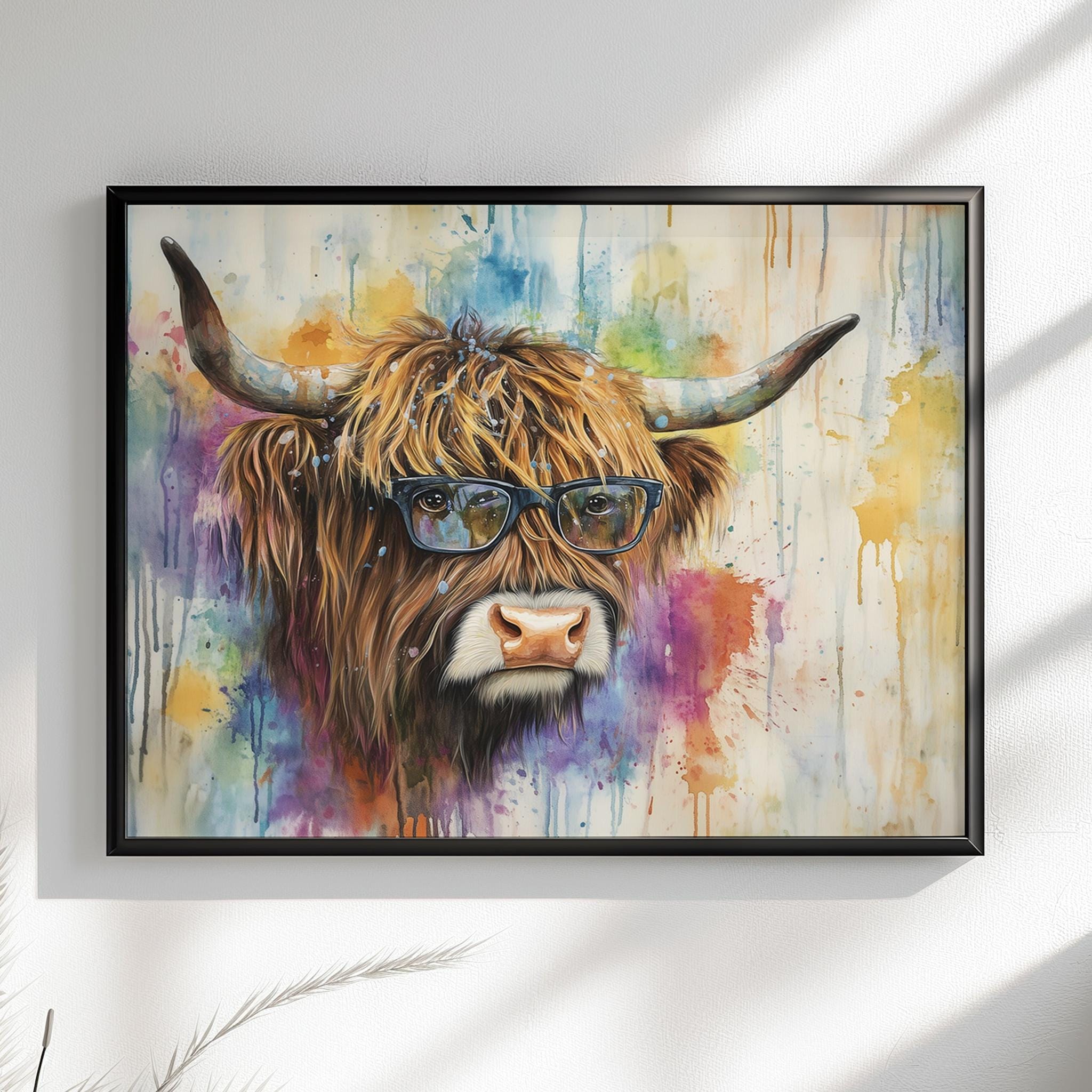 Highland Cow with Glasses Canvas / Poster Print. Watercolour Paint Splash Wall Decor Gifts Scottish Shaggy Cow Painting Farm Animal Farmer - CanvasityCrafts - Free Shipping