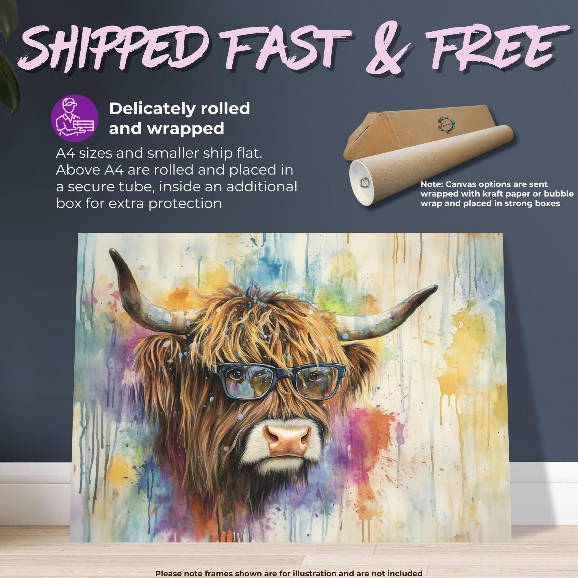 Highland Cow with Glasses Canvas / Poster Print. Watercolour Paint Splash Wall Decor Gifts Scottish Shaggy Cow Painting Farm Animal Farmer - CanvasityCrafts - Free Shipping