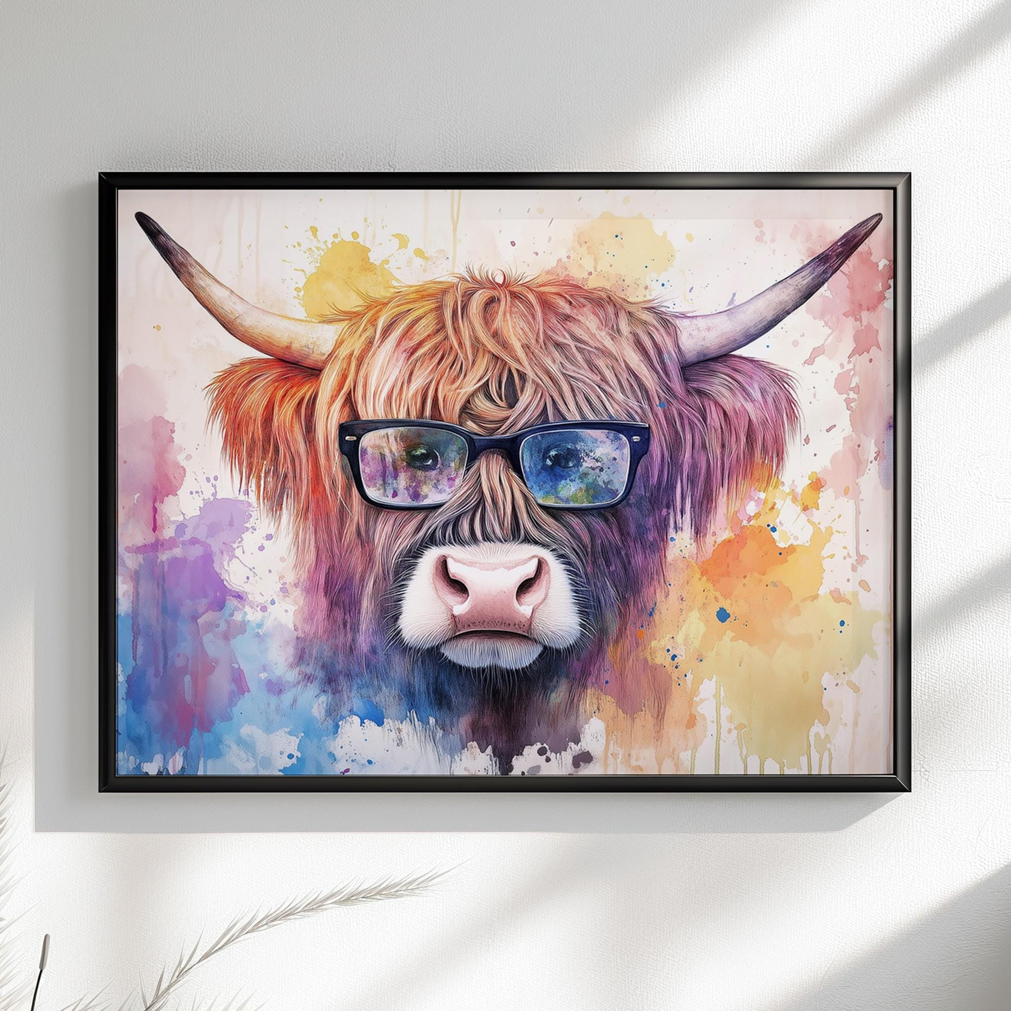 Highland Cow with Glasses Canvas / Poster Print. Watercolour Paint Splash Wall Decor Gifts Scottish Shaggy Cow Painting Farm Animal Farmer - CanvasityCrafts - Free Shipping
