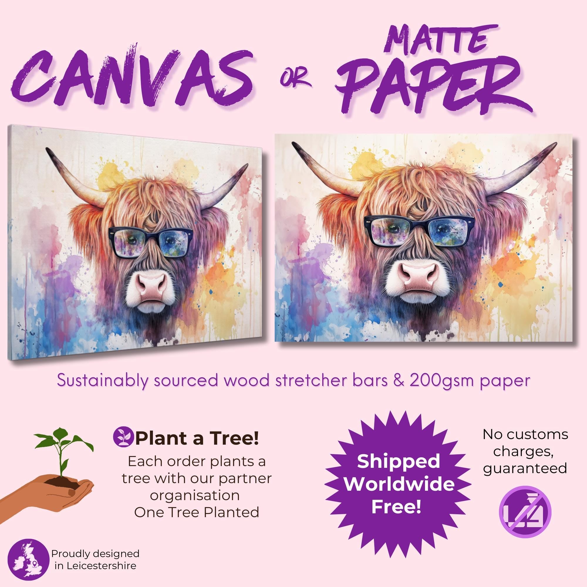 Highland Cow with Glasses Canvas / Poster Print. Watercolour Paint Splash Wall Decor Gifts Scottish Shaggy Cow Painting Farm Animal Farmer - CanvasityCrafts - Free Shipping