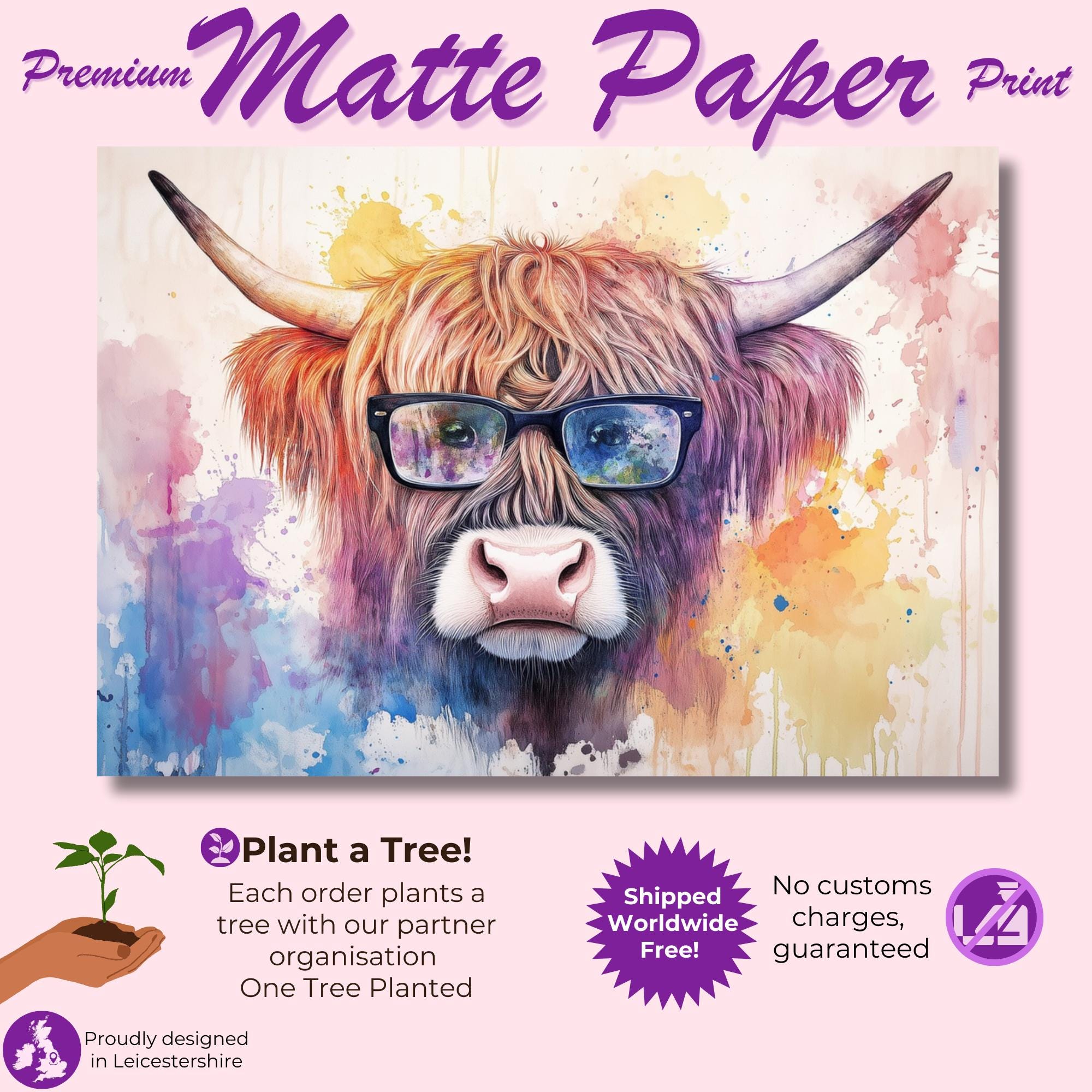 Highland Cow with Glasses Canvas / Poster Print. Watercolour Paint Splash Wall Decor Gifts Scottish Shaggy Cow Painting Farm Animal Farmer - CanvasityCrafts - Free Shipping