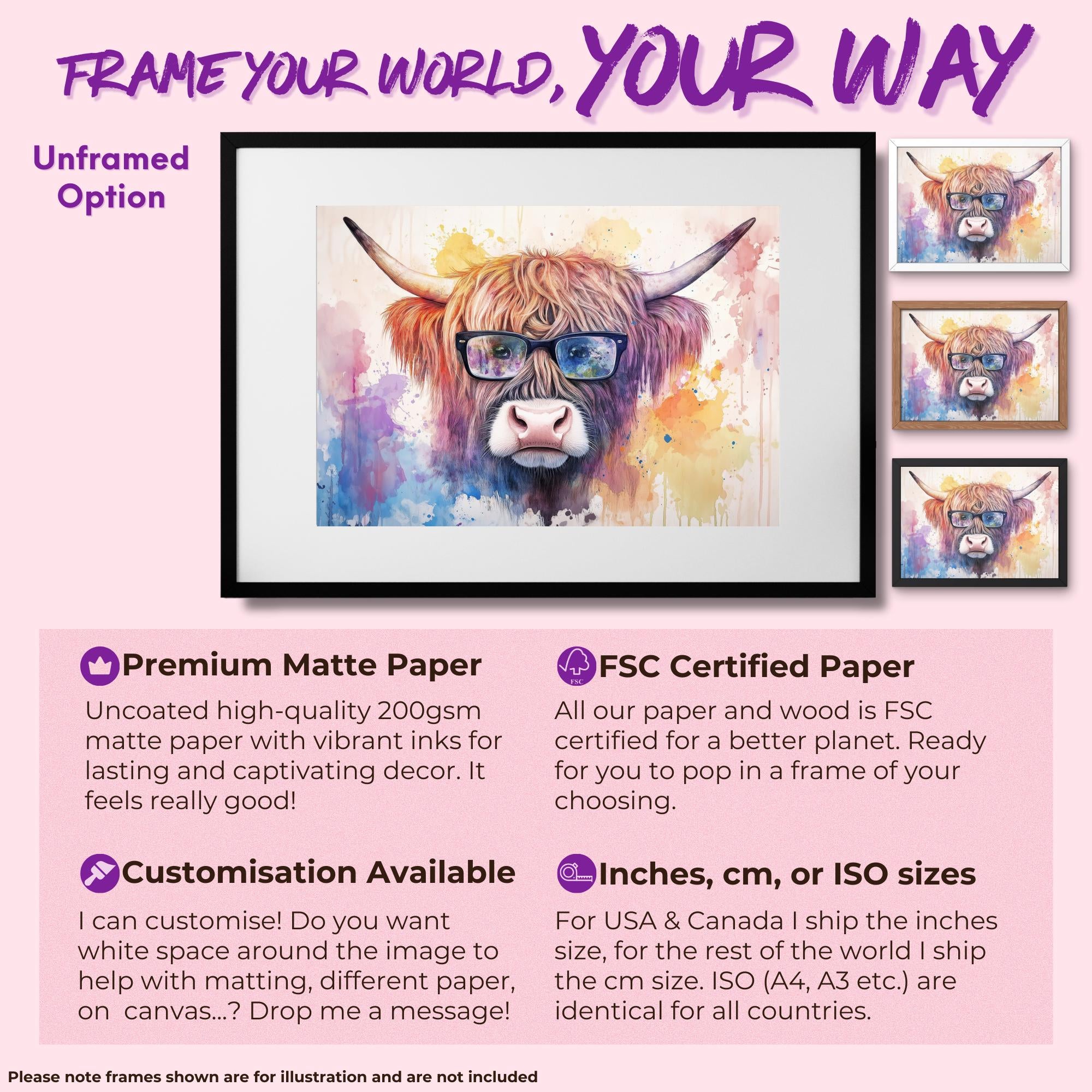 Highland Cow with Glasses Canvas / Poster Print. Watercolour Paint Splash Wall Decor Gifts Scottish Shaggy Cow Painting Farm Animal Farmer - CanvasityCrafts - Free Shipping