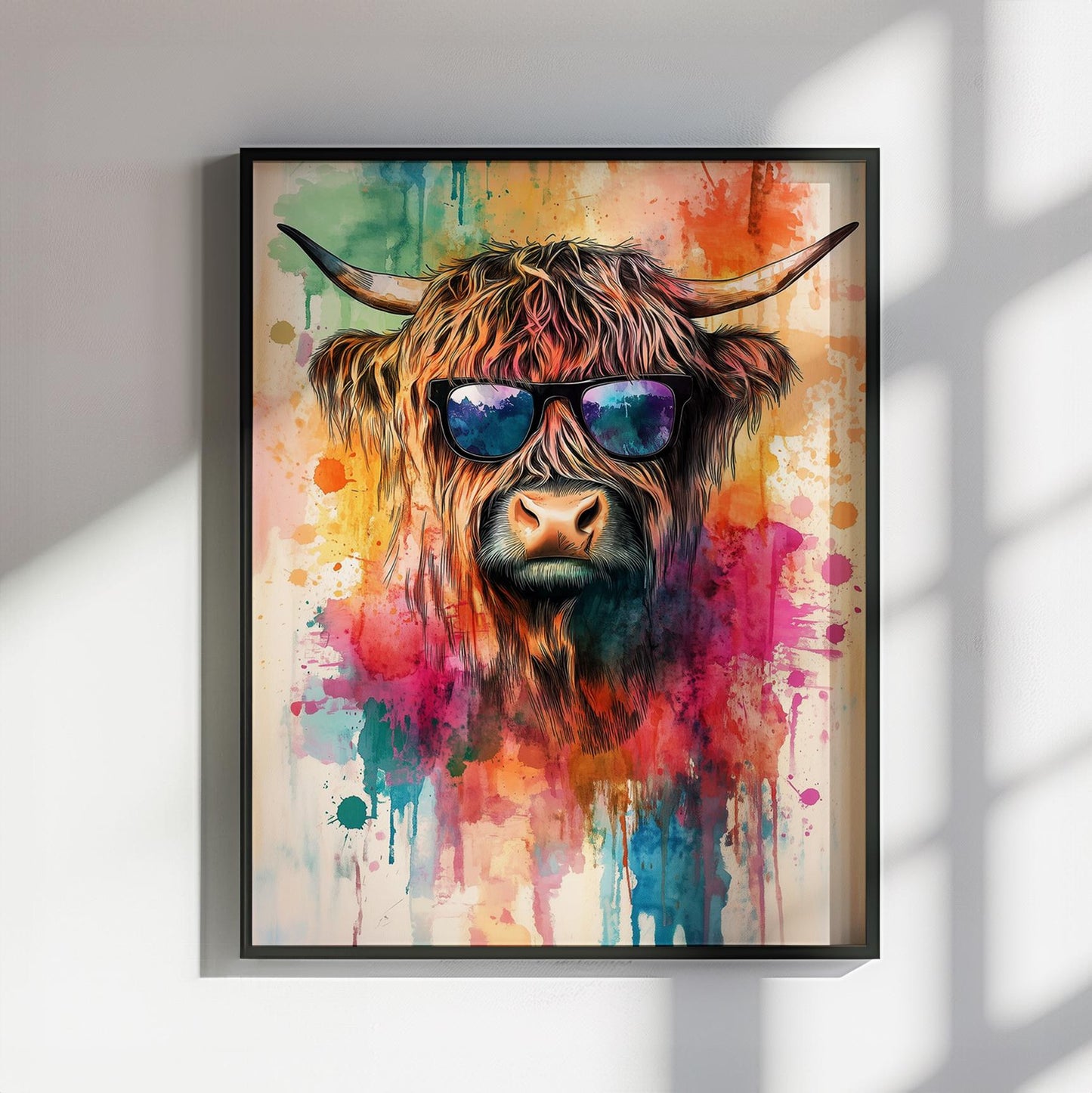 Highland Cow with Sunglasses Canvas / Poster Print. Watercolour Paint Splash Wall Decor Gift Scottish Shaggy Cow Painting Farm Animal Farmer - CanvasityCrafts - Free Shipping
