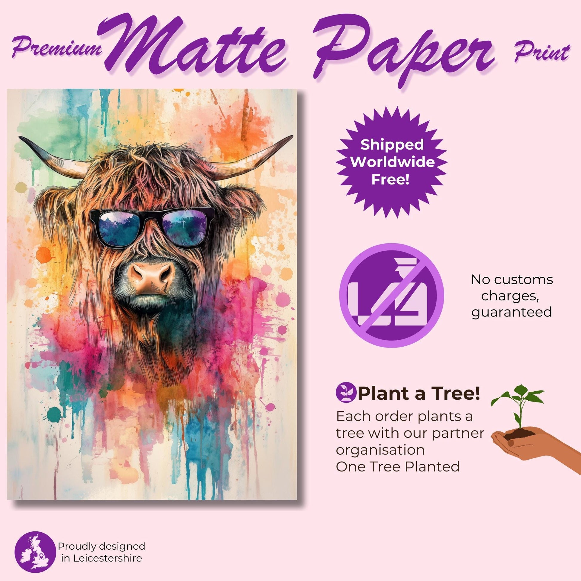 Highland Cow with Sunglasses Canvas / Poster Print. Watercolour Paint Splash Wall Decor Gift Scottish Shaggy Cow Painting Farm Animal Farmer - CanvasityCrafts - Free Shipping