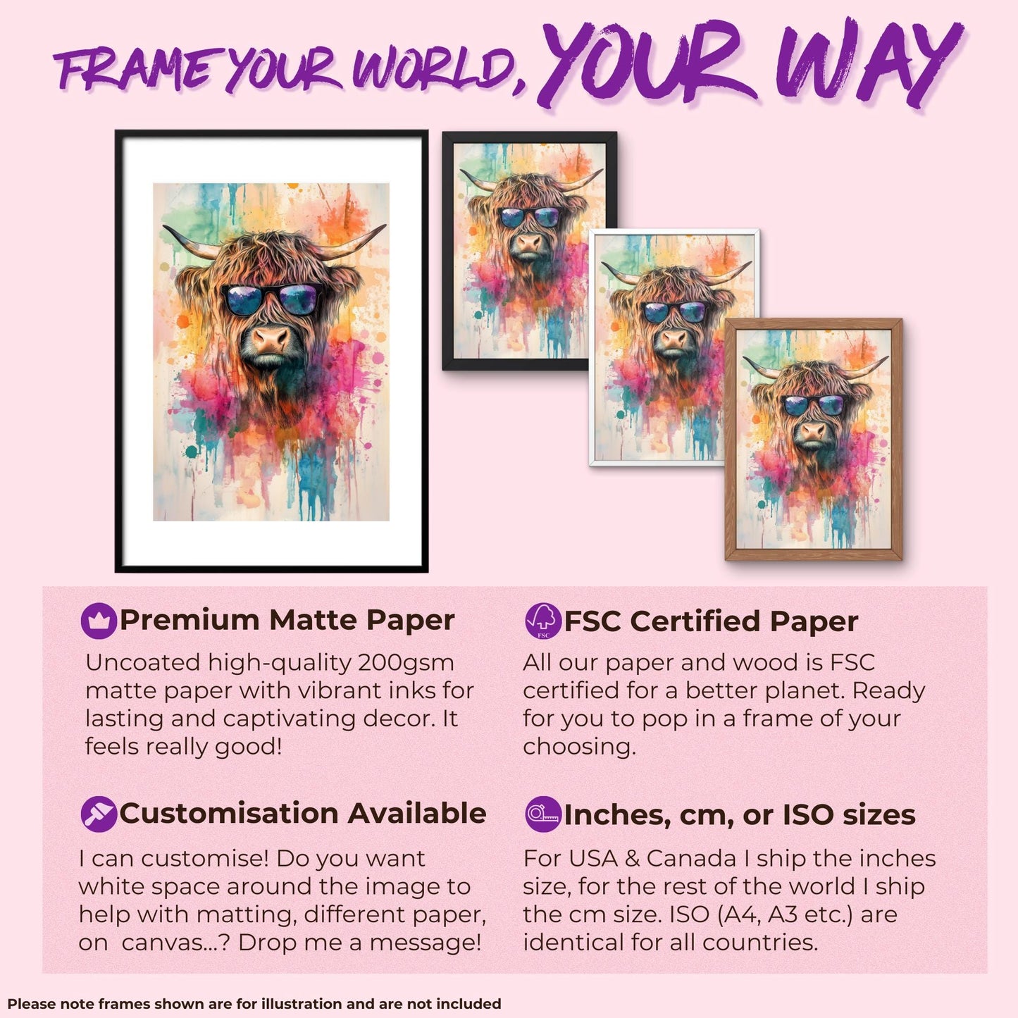 Highland Cow with Sunglasses Canvas / Poster Print. Watercolour Paint Splash Wall Decor Gift Scottish Shaggy Cow Painting Farm Animal Farmer - CanvasityCrafts - Free Shipping