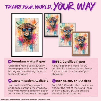 Highland Cow with Sunglasses Canvas / Poster Print. Watercolour Paint Splash Wall Decor Gift Scottish Shaggy Cow Painting Farm Animal Farmer - CanvasityCrafts - Free Shipping