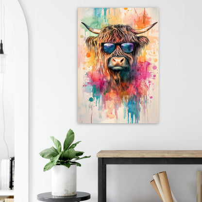 Highland Cow with Sunglasses Canvas / Poster Print. Watercolour Paint Splash Wall Decor Gift Scottish Shaggy Cow Painting Farm Animal Farmer - CanvasityCrafts - Free Shipping