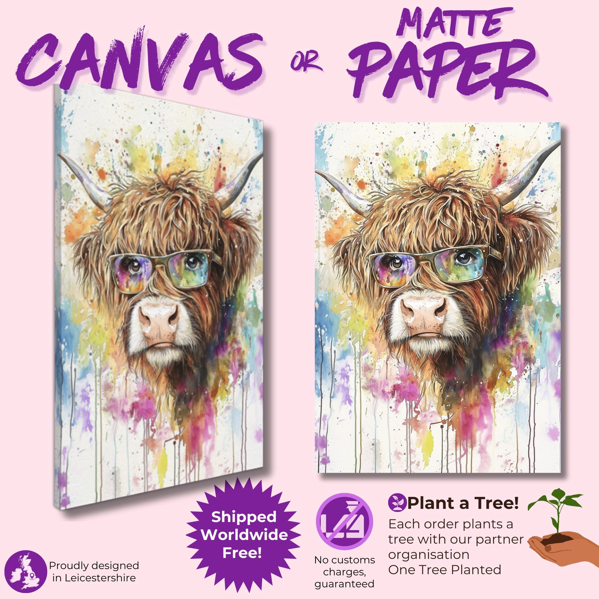 Highland Cow wearing Glasses Canvas / Poster Print. Watercolour Paint Splash Wall Decor Gift Scottish Shaggy Cow Painting Farm Animal Farmer - CanvasityCrafts - Free Shipping