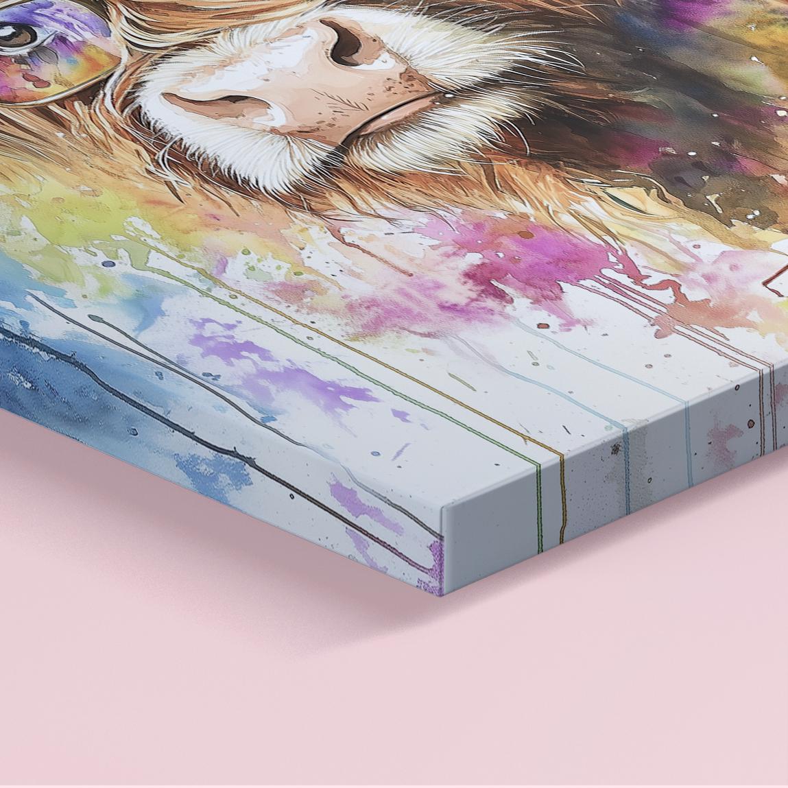 Highland Cow wearing Glasses Canvas / Poster Print. Watercolour Paint Splash Wall Decor Gift Scottish Shaggy Cow Painting Farm Animal Farmer - CanvasityCrafts - Free Shipping