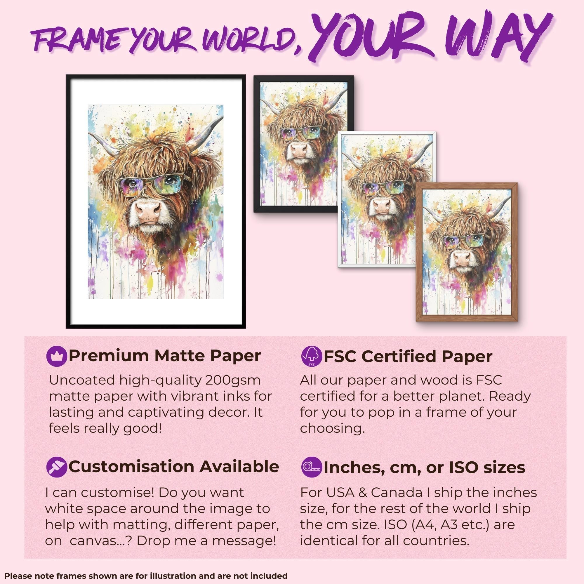 Highland Cow wearing Glasses Canvas / Poster Print. Watercolour Paint Splash Wall Decor Gift Scottish Shaggy Cow Painting Farm Animal Farmer - CanvasityCrafts - Free Shipping