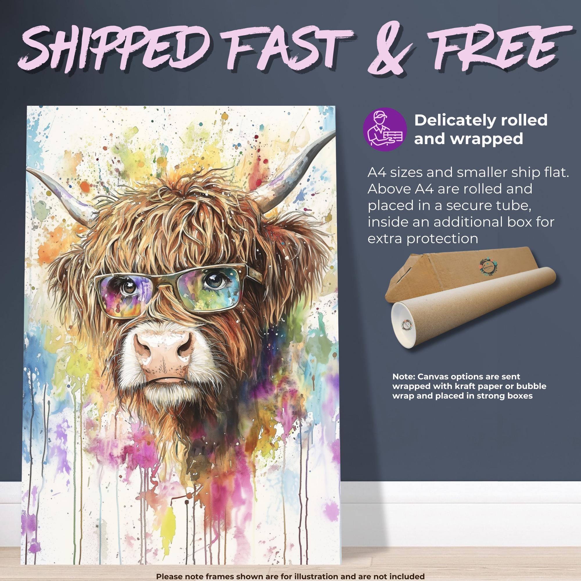 Highland Cow wearing Glasses Canvas / Poster Print. Watercolour Paint Splash Wall Decor Gift Scottish Shaggy Cow Painting Farm Animal Farmer - CanvasityCrafts - Free Shipping