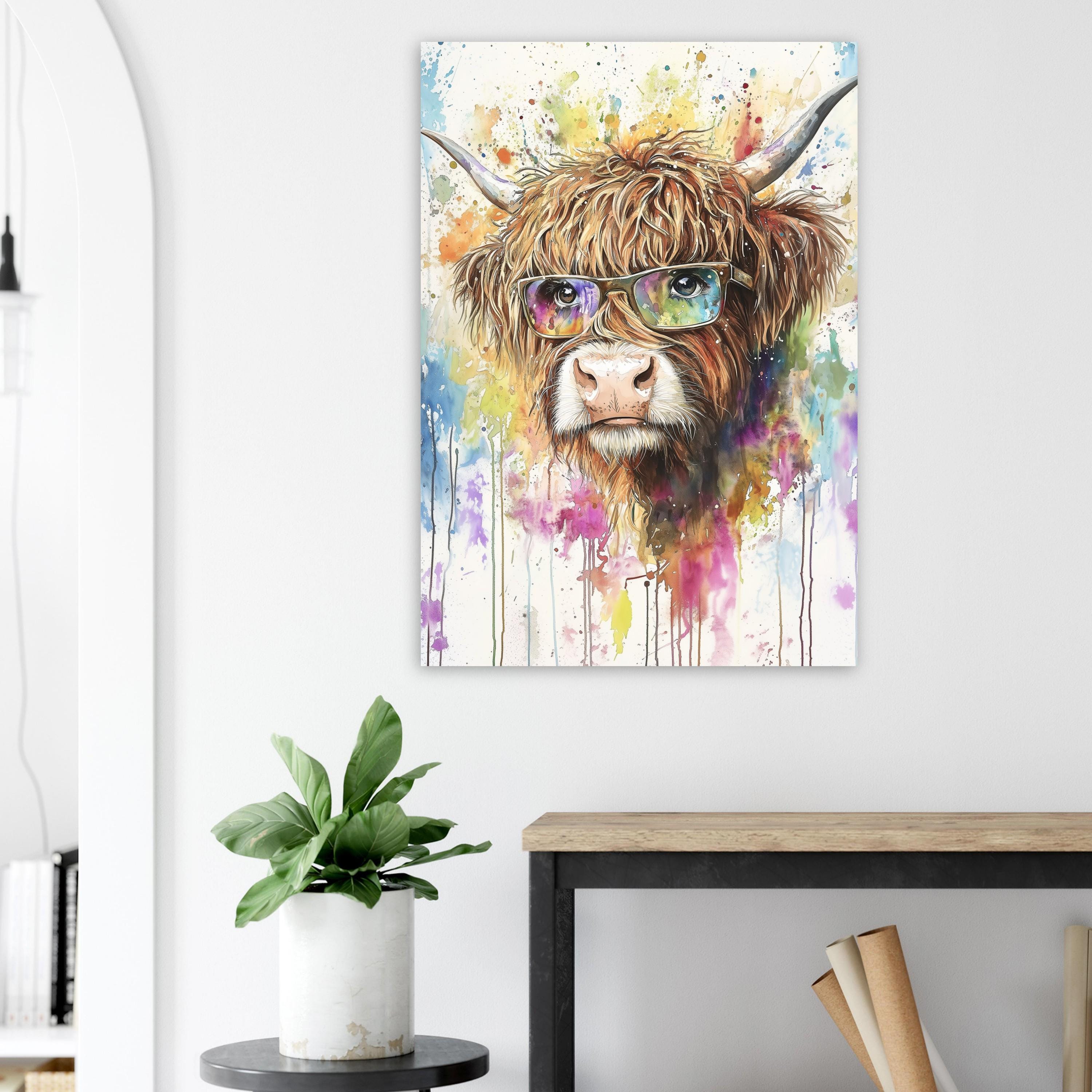 Highland Cow wearing Glasses Canvas / Poster Print. Watercolour Paint Splash Wall Decor Gift Scottish Shaggy Cow Painting Farm Animal Farmer - CanvasityCrafts - Free Shipping