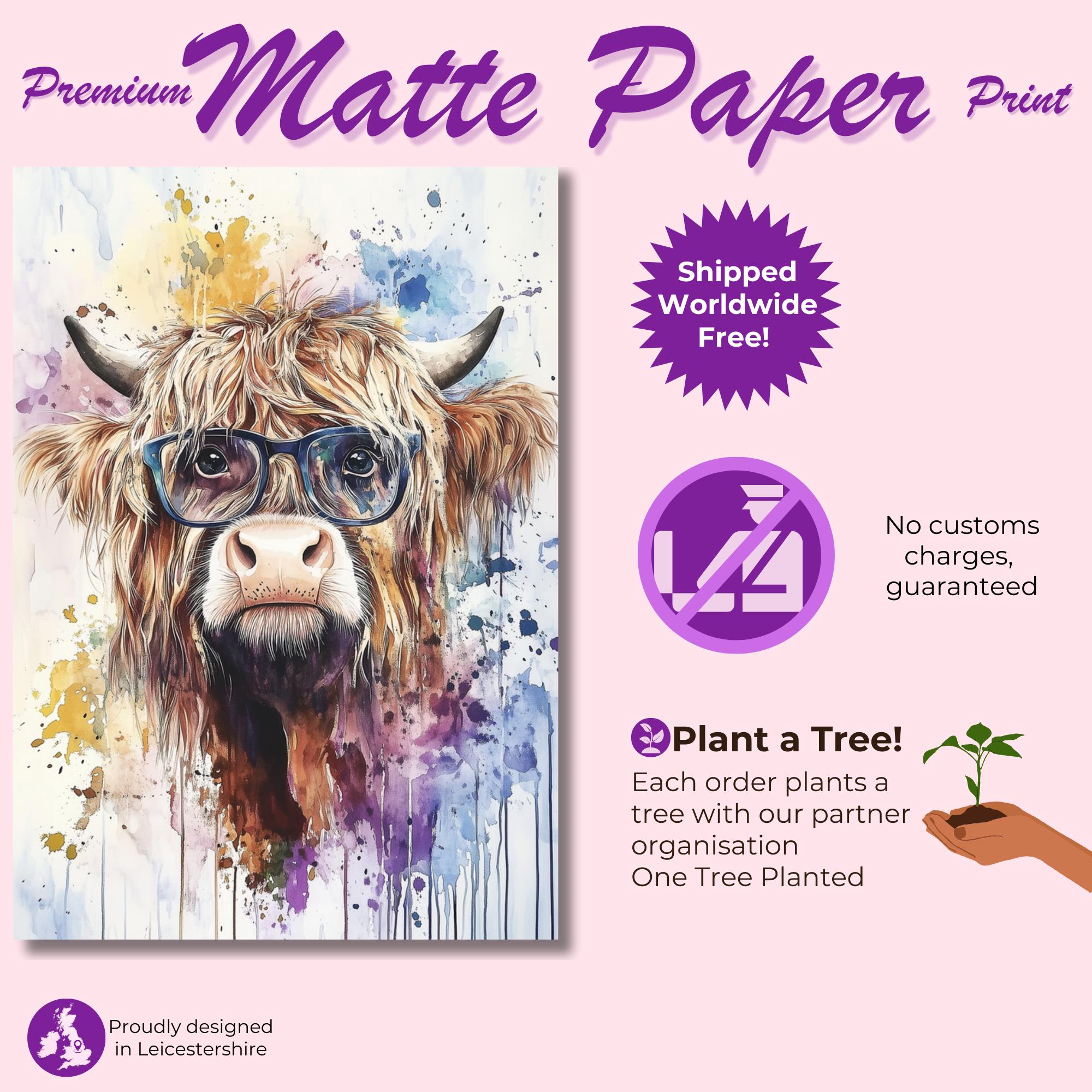 Highland Cow Wearing Glasses Canvas / Poster Print. Watercolour Paint Splash Wall Decor Gift Scottish Shaggy Cow Painting Farm Animal Farmer - CanvasityCrafts - Free Shipping