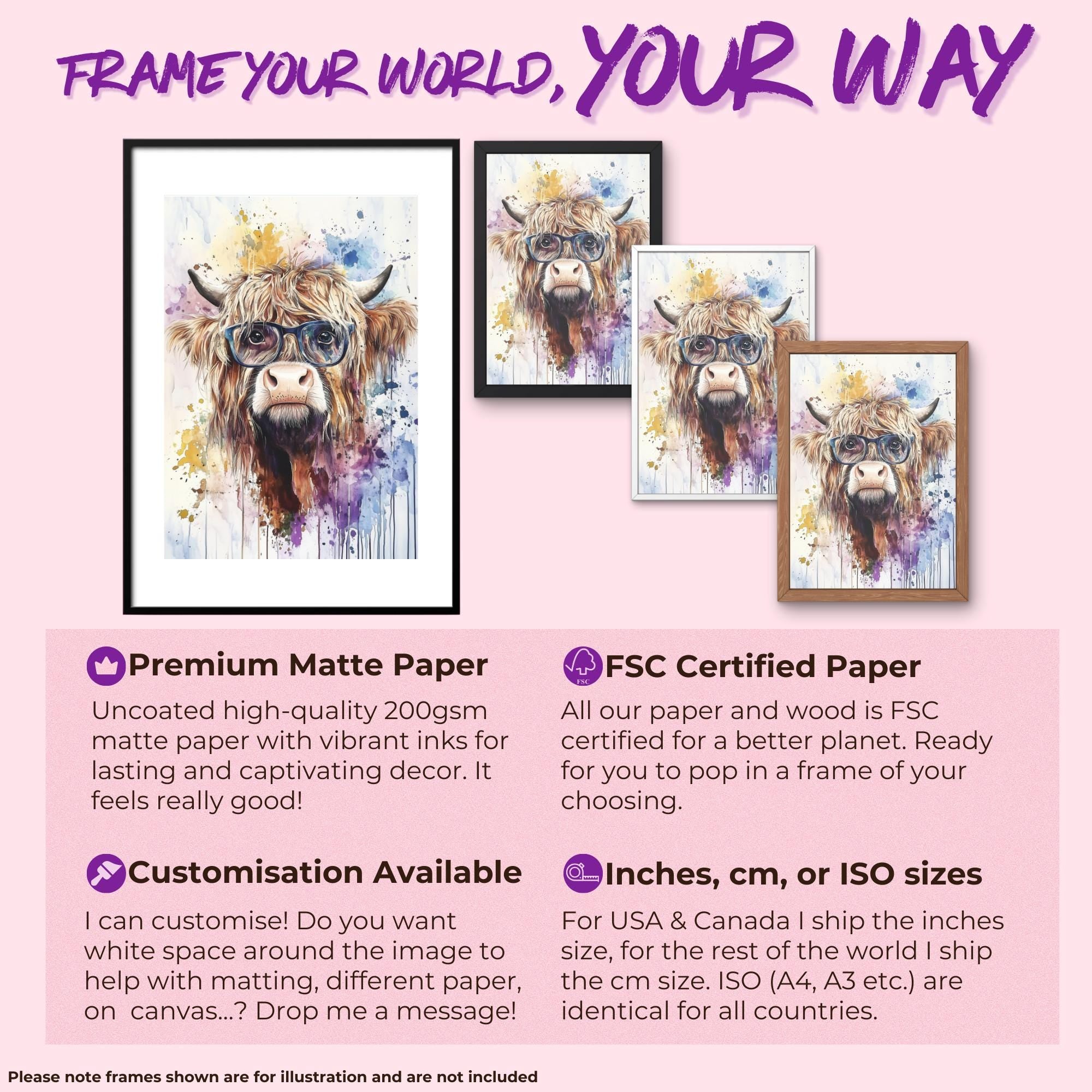 Highland Cow Wearing Glasses Canvas / Poster Print. Watercolour Paint Splash Wall Decor Gift Scottish Shaggy Cow Painting Farm Animal Farmer - CanvasityCrafts - Free Shipping
