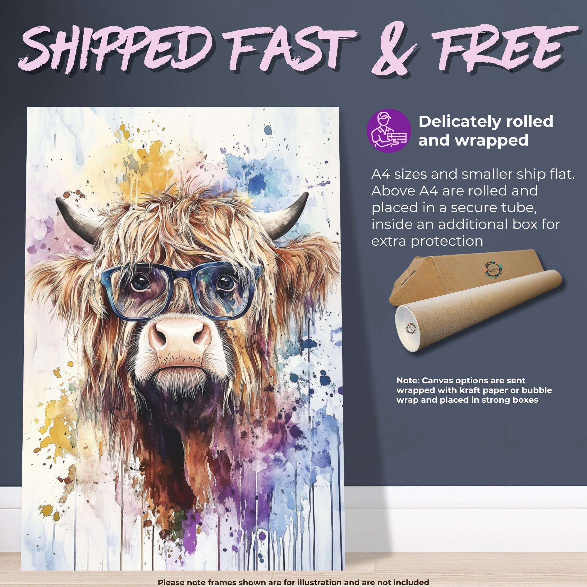 Highland Cow Wearing Glasses Canvas / Poster Print. Watercolour Paint Splash Wall Decor Gift Scottish Shaggy Cow Painting Farm Animal Farmer - CanvasityCrafts - Free Shipping