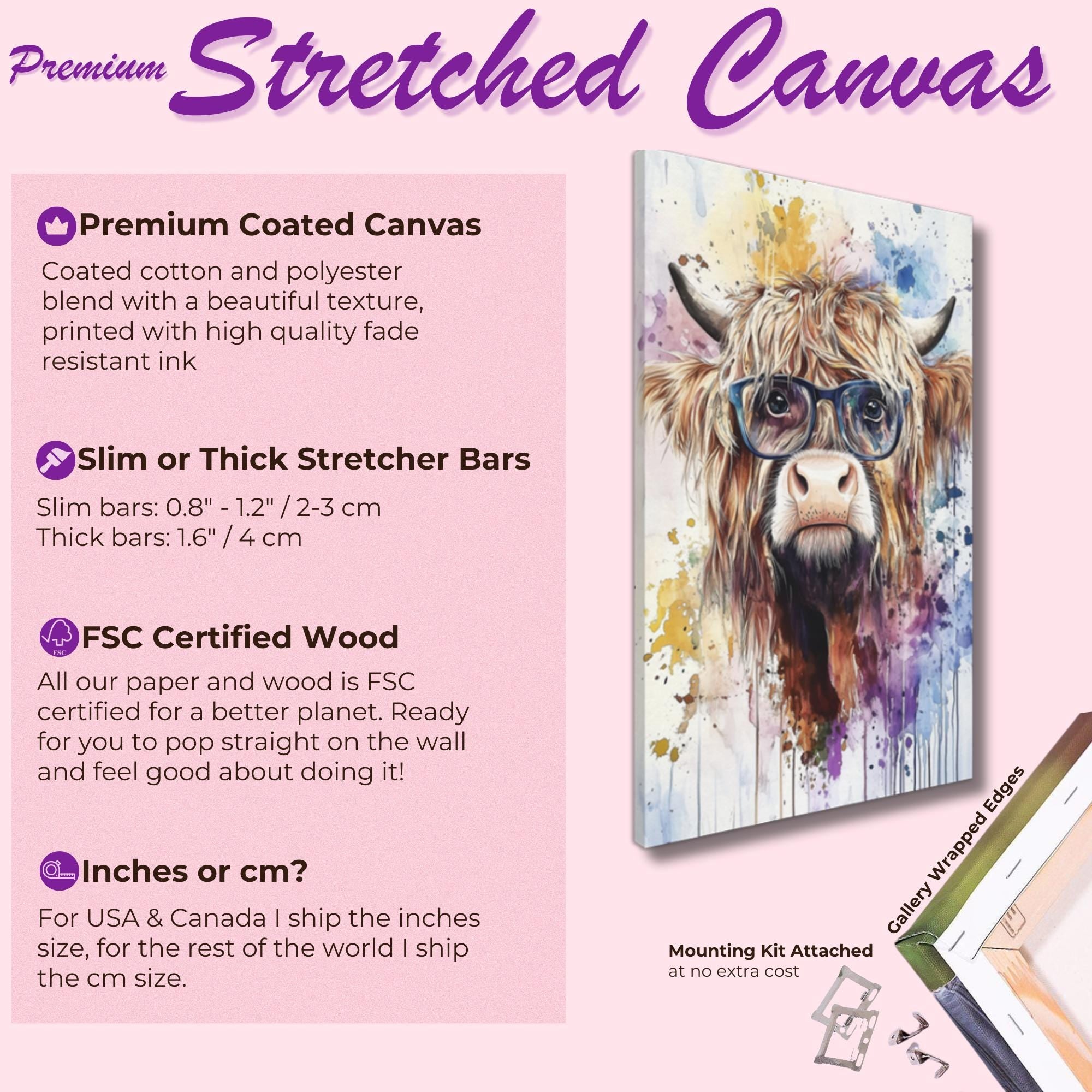 Highland Cow Wearing Glasses Canvas / Poster Print. Watercolour Paint Splash Wall Decor Gift Scottish Shaggy Cow Painting Farm Animal Farmer - CanvasityCrafts - Free Shipping
